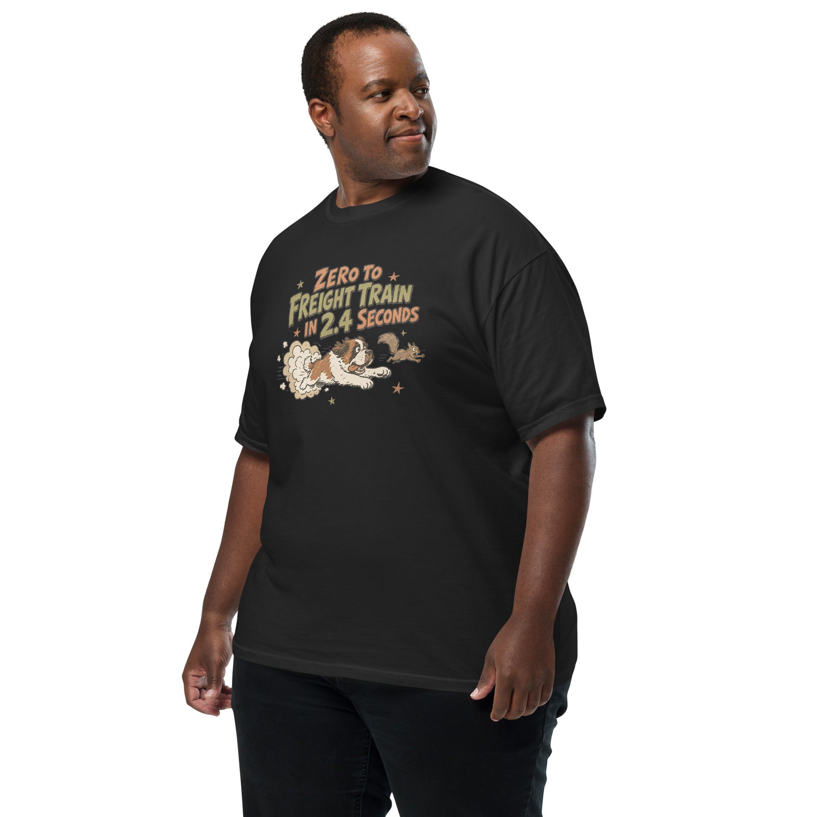 Black Comfort Colors t-shirt with a retro earth tone cartoon of a funny Saint Bernard chasing a squirrel and Zero to Freight Train in 2.4 Seconds lettering.