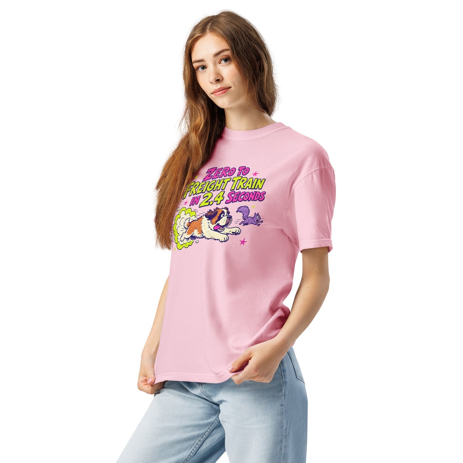 Blossom pink Comfort Colors t-shirt with a bright retro cartoon Saint Bernard chasing a squirrel and Zero to Freight Train in 2.4 Seconds lettering.
