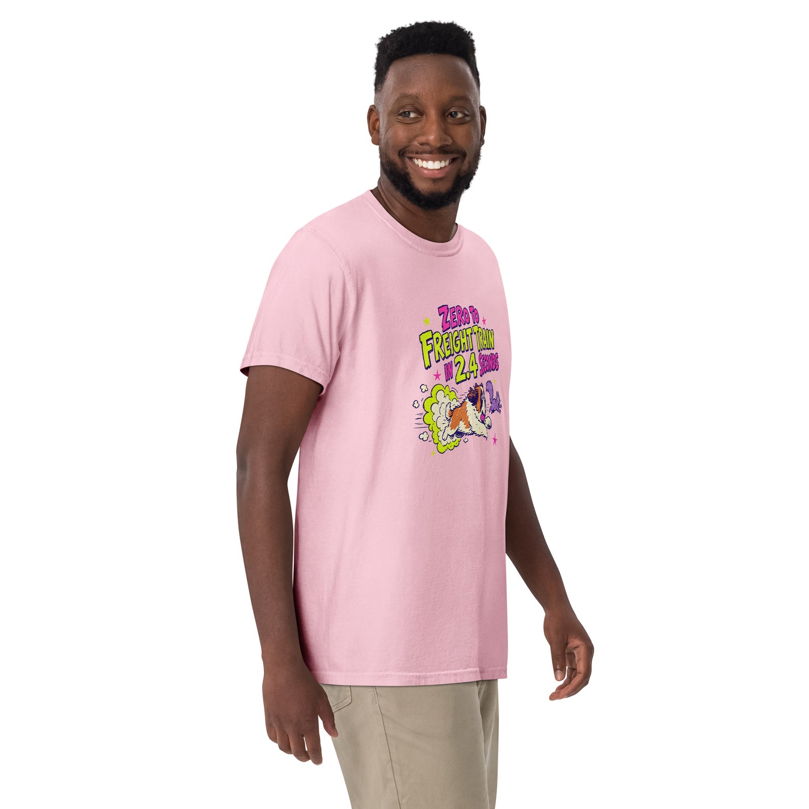 Blossom pink Comfort Colors t-shirt with a bright retro cartoon Saint Bernard chasing a squirrel and Zero to Freight Train in 2.4 Seconds lettering.