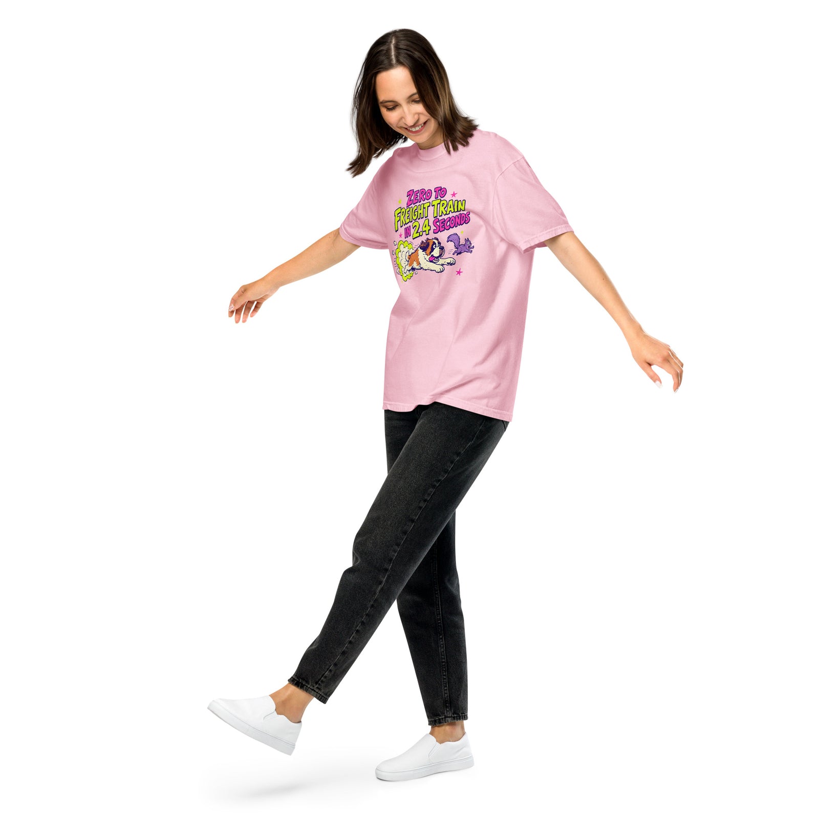 Blossom pink Comfort Colors t-shirt with a bright retro cartoon Saint Bernard chasing a squirrel and Zero to Freight Train in 2.4 Seconds lettering.