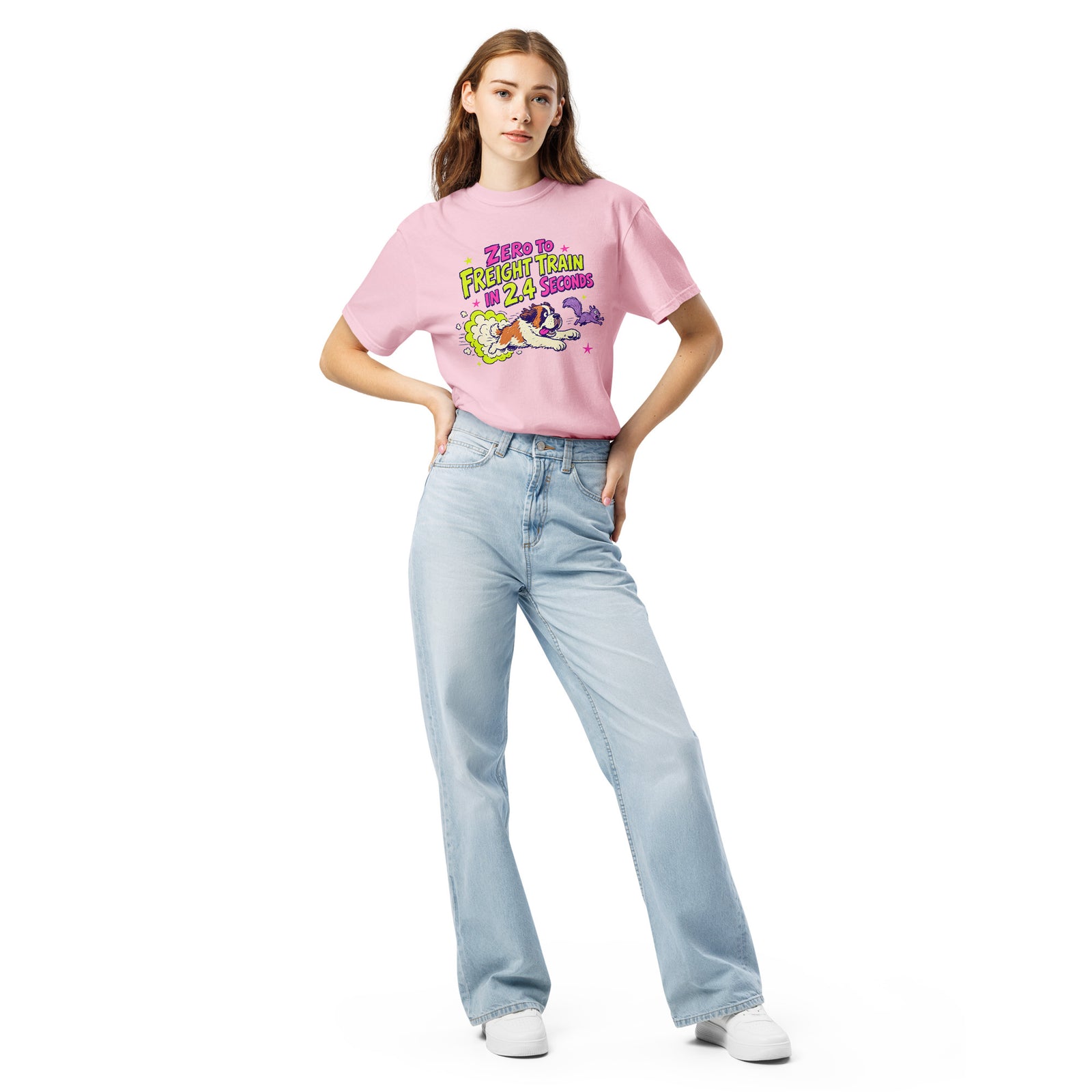 Blossom pink Comfort Colors t-shirt with a bright retro cartoon Saint Bernard chasing a squirrel and Zero to Freight Train in 2.4 Seconds lettering.