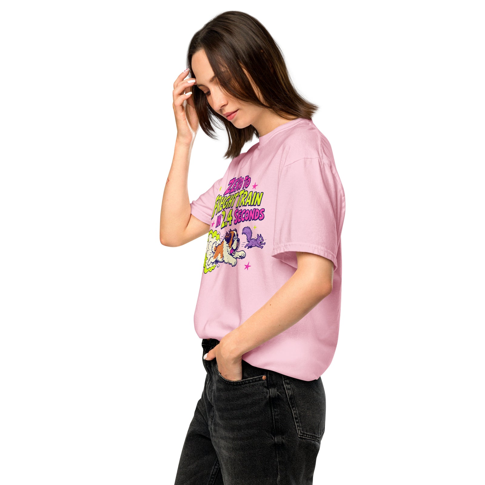 Blossom pink Comfort Colors t-shirt with a bright retro cartoon Saint Bernard chasing a squirrel and Zero to Freight Train in 2.4 Seconds lettering.