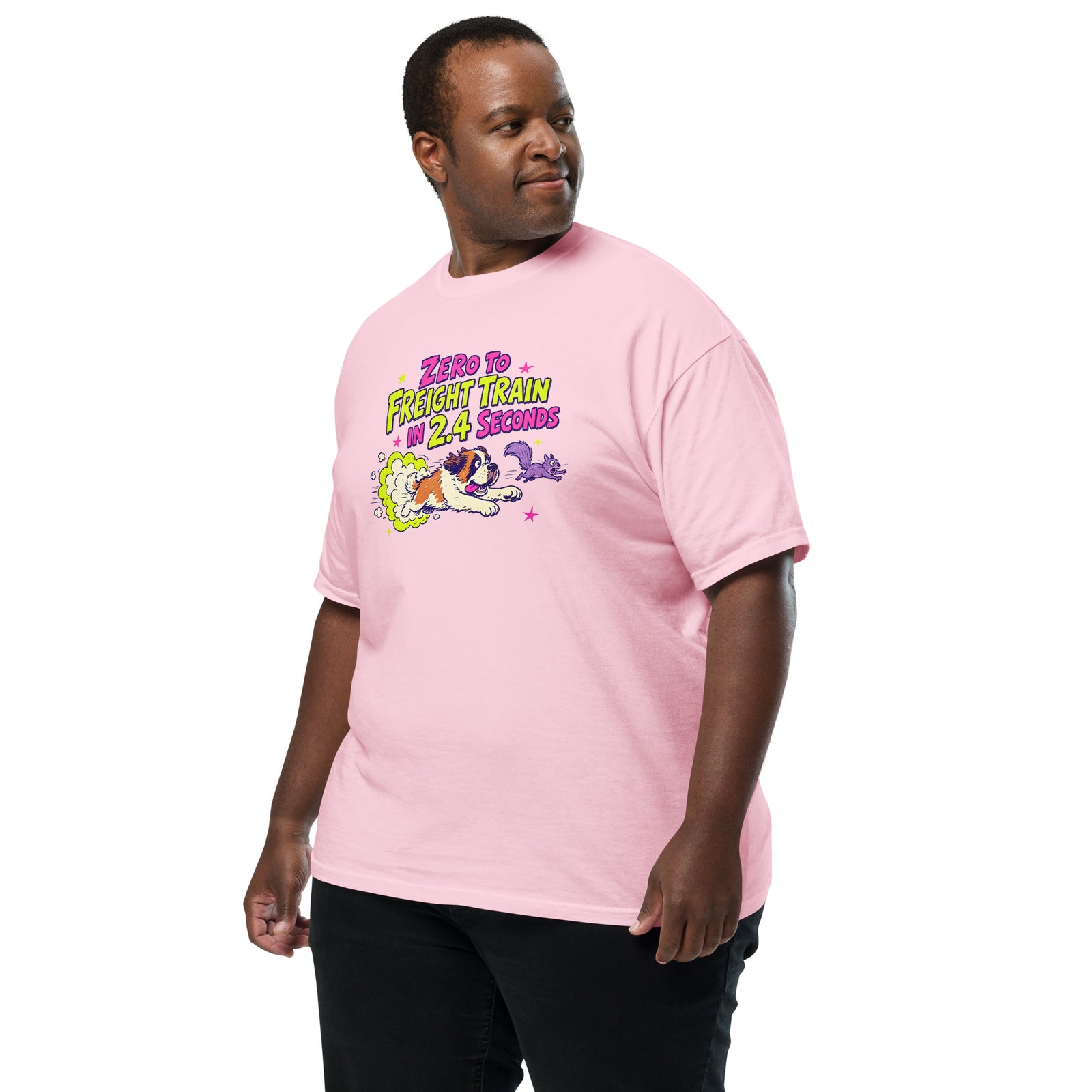 Blossom pink Comfort Colors t-shirt with a bright retro cartoon Saint Bernard chasing a squirrel and Zero to Freight Train in 2.4 Seconds lettering.