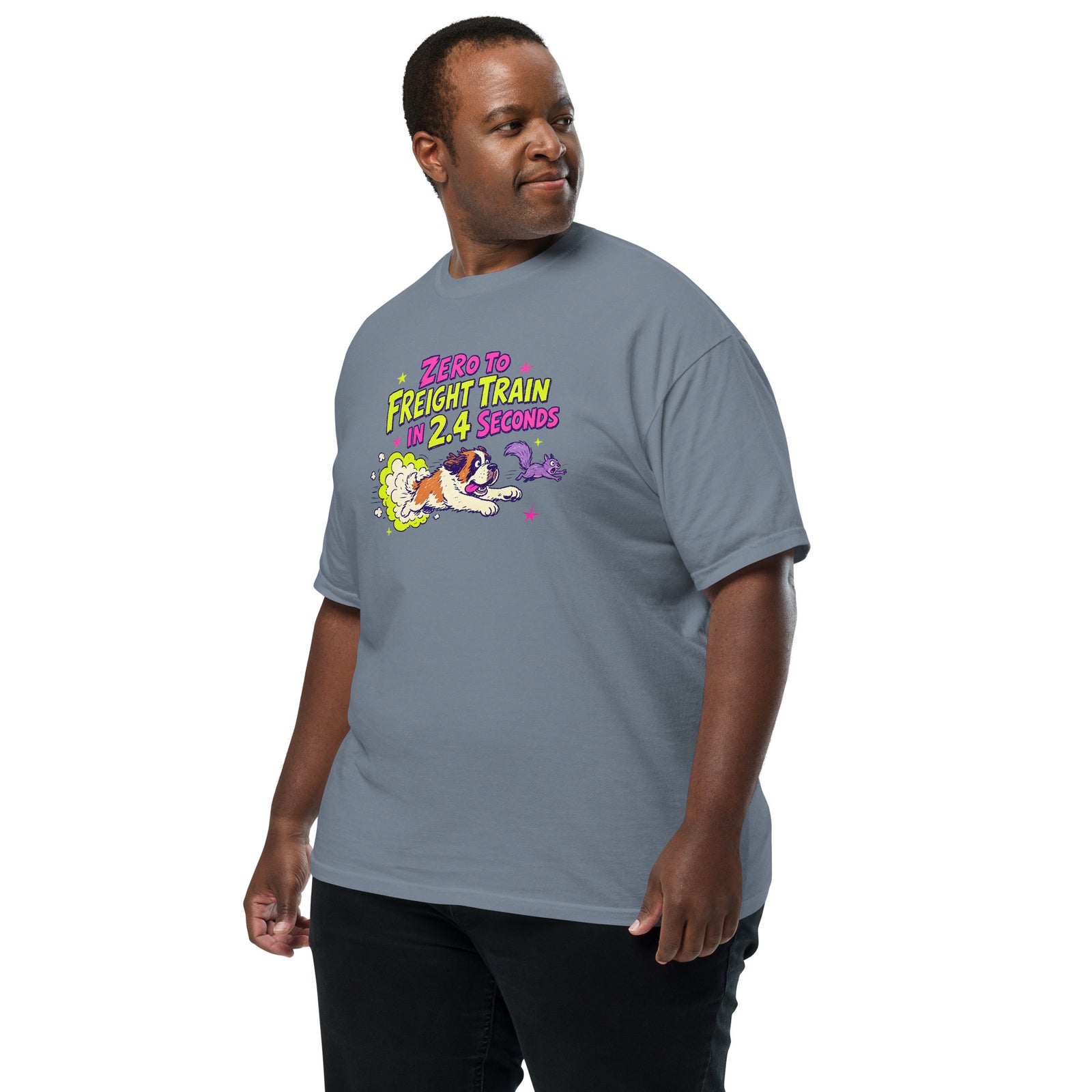 Blue Jean Comfort Colors t-shirt with a bright retro cartoon Saint Bernard chasing a squirrel and Zero to Freight Train in 2.4 Seconds lettering.