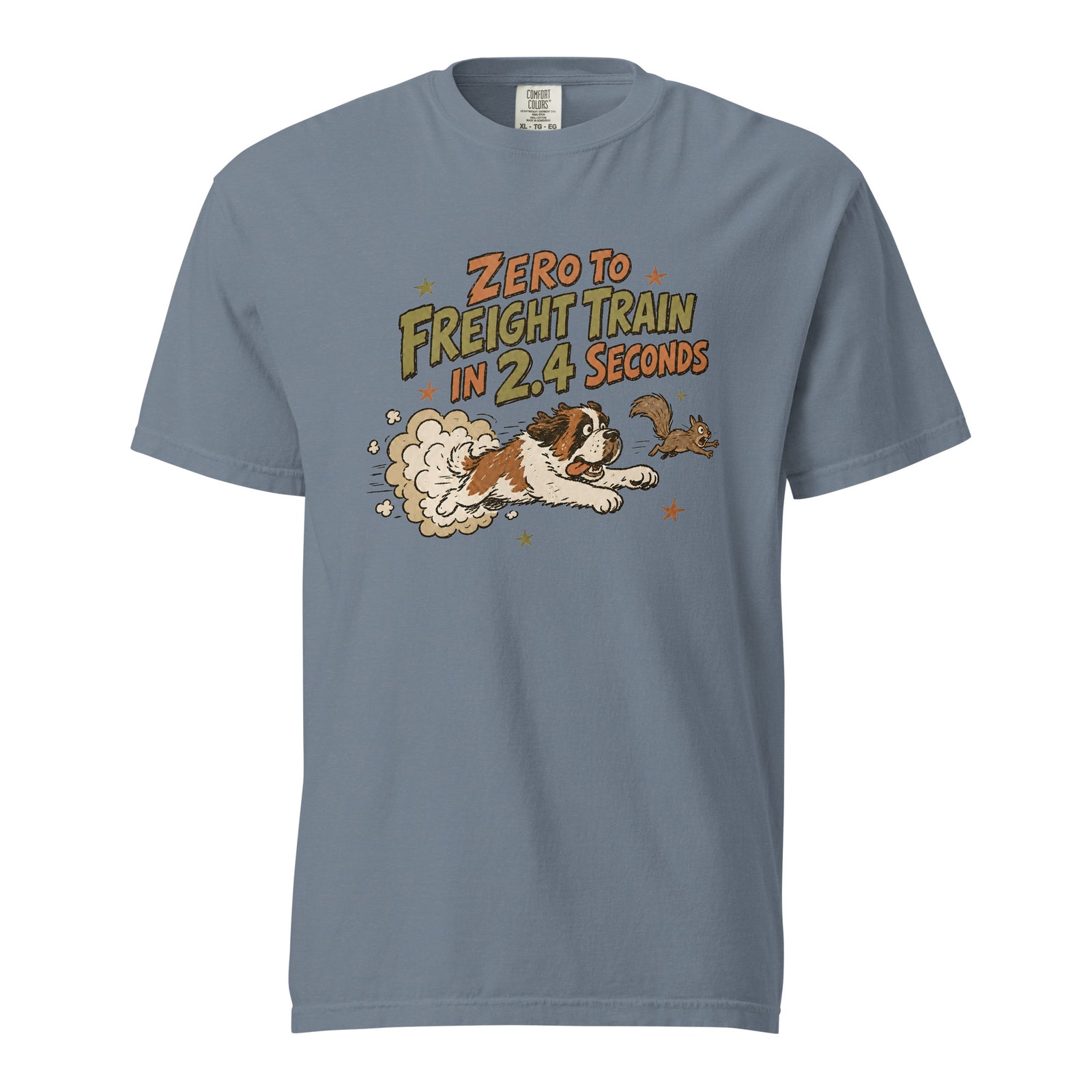 Blue jean Comfort Colors t-shirt with a retro earth tone cartoon of a funny Saint Bernard chasing a squirrel and Zero to Freight Train in 2.4 Seconds lettering.