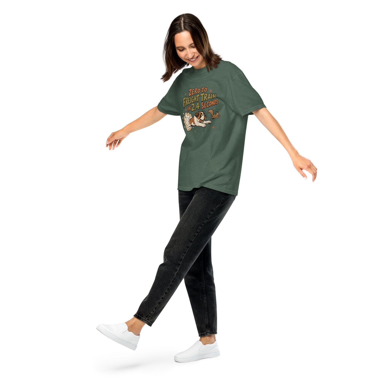 Blue spruce Comfort Colors t-shirt with a retro earth tone cartoon of a funny Saint Bernard chasing a squirrel and Zero to Freight Train in 2.4 Seconds lettering.