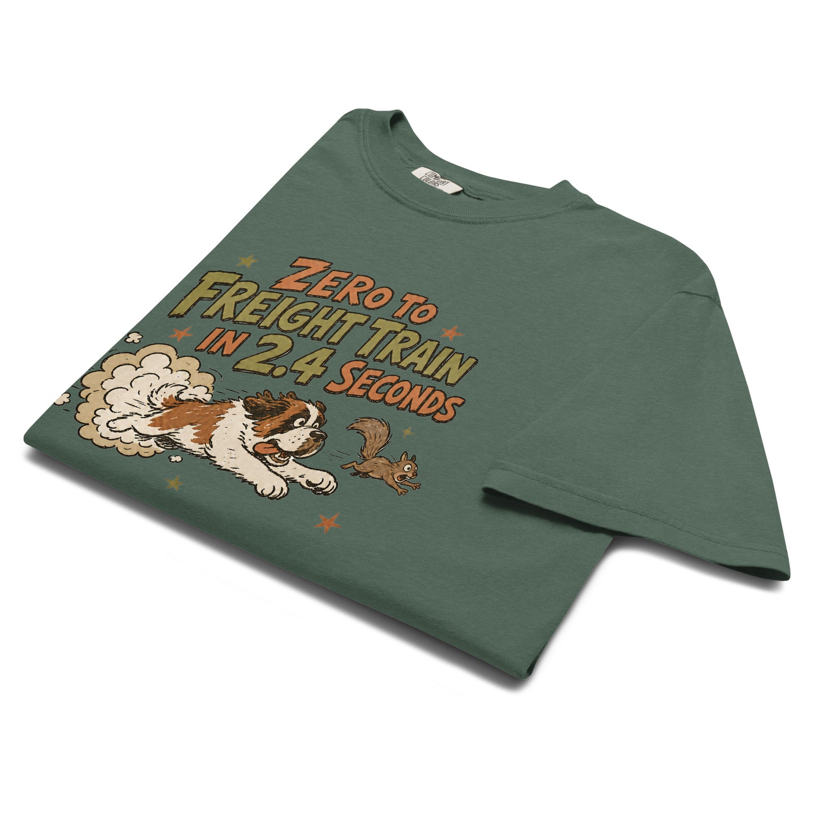 Blue spruce Comfort Colors t-shirt with a retro earth tone cartoon of a funny Saint Bernard chasing a squirrel and Zero to Freight Train in 2.4 Seconds lettering.
