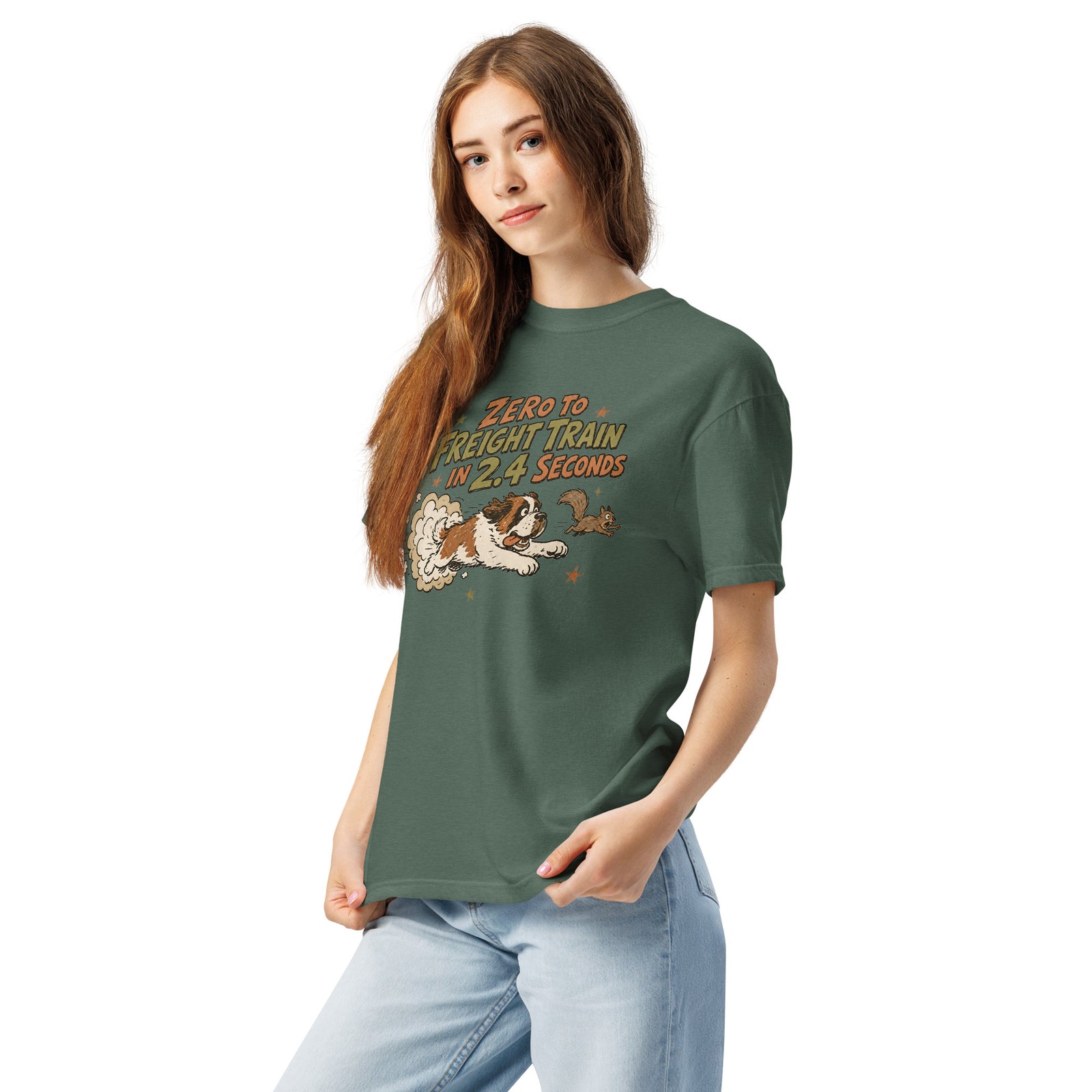 Blue spruce Comfort Colors t-shirt with a retro earth tone cartoon of a funny Saint Bernard chasing a squirrel and Zero to Freight Train in 2.4 Seconds lettering.