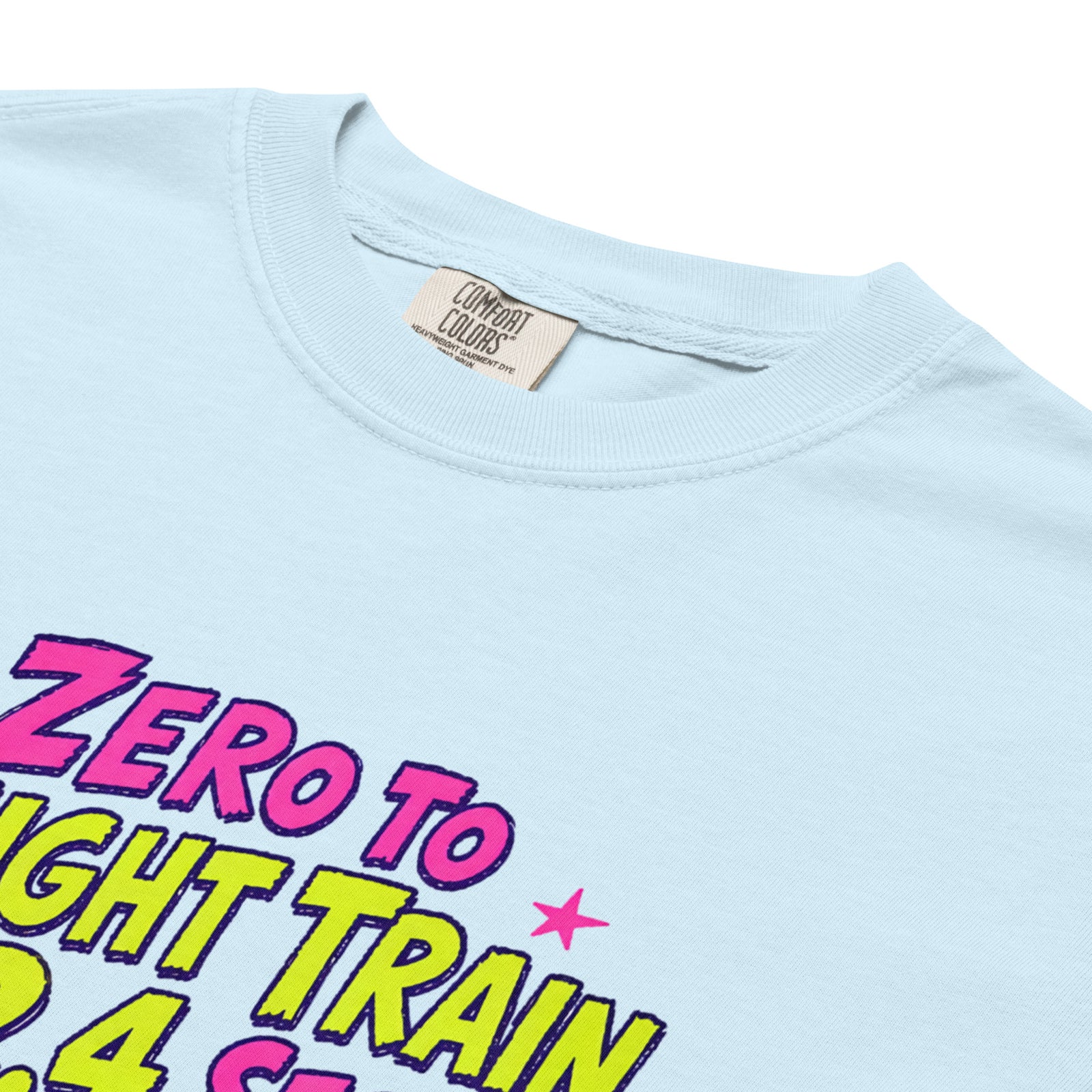 Chambray Blue Comfort Colors t-shirt with a bright retro cartoon Saint Bernard chasing a squirrel and Zero to Freight Train in 2.4 Seconds lettering.