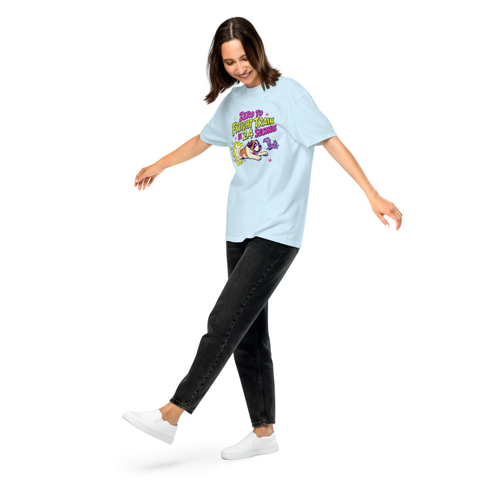 Chambray Blue Comfort Colors t-shirt with a bright retro cartoon Saint Bernard chasing a squirrel and Zero to Freight Train in 2.4 Seconds lettering.
