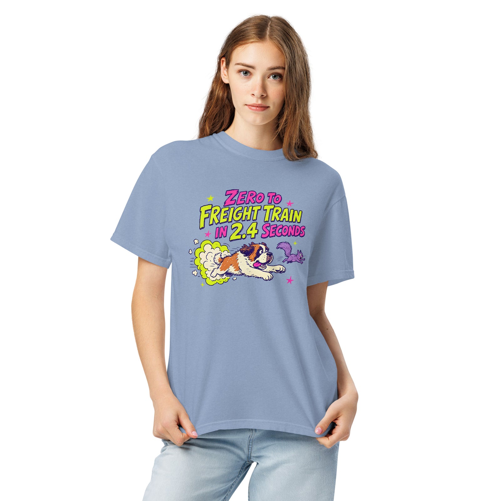 Denim Blue Comfort Colors t-shirt with a bright retro cartoon Saint Bernard chasing a squirrel and Zero to Freight Train in 2.4 Seconds lettering.