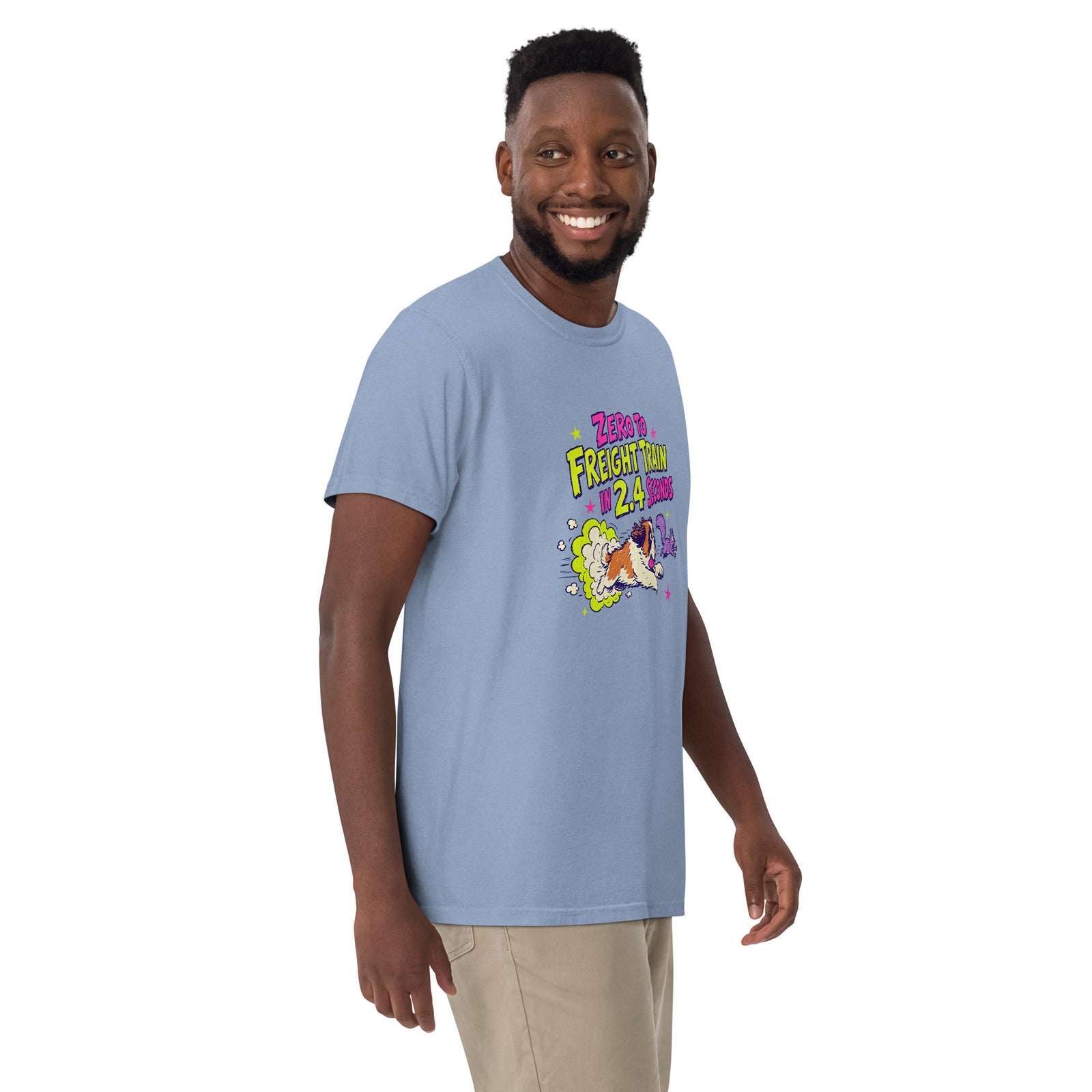 Denim Blue Comfort Colors t-shirt with a bright retro cartoon Saint Bernard chasing a squirrel and Zero to Freight Train in 2.4 Seconds lettering.