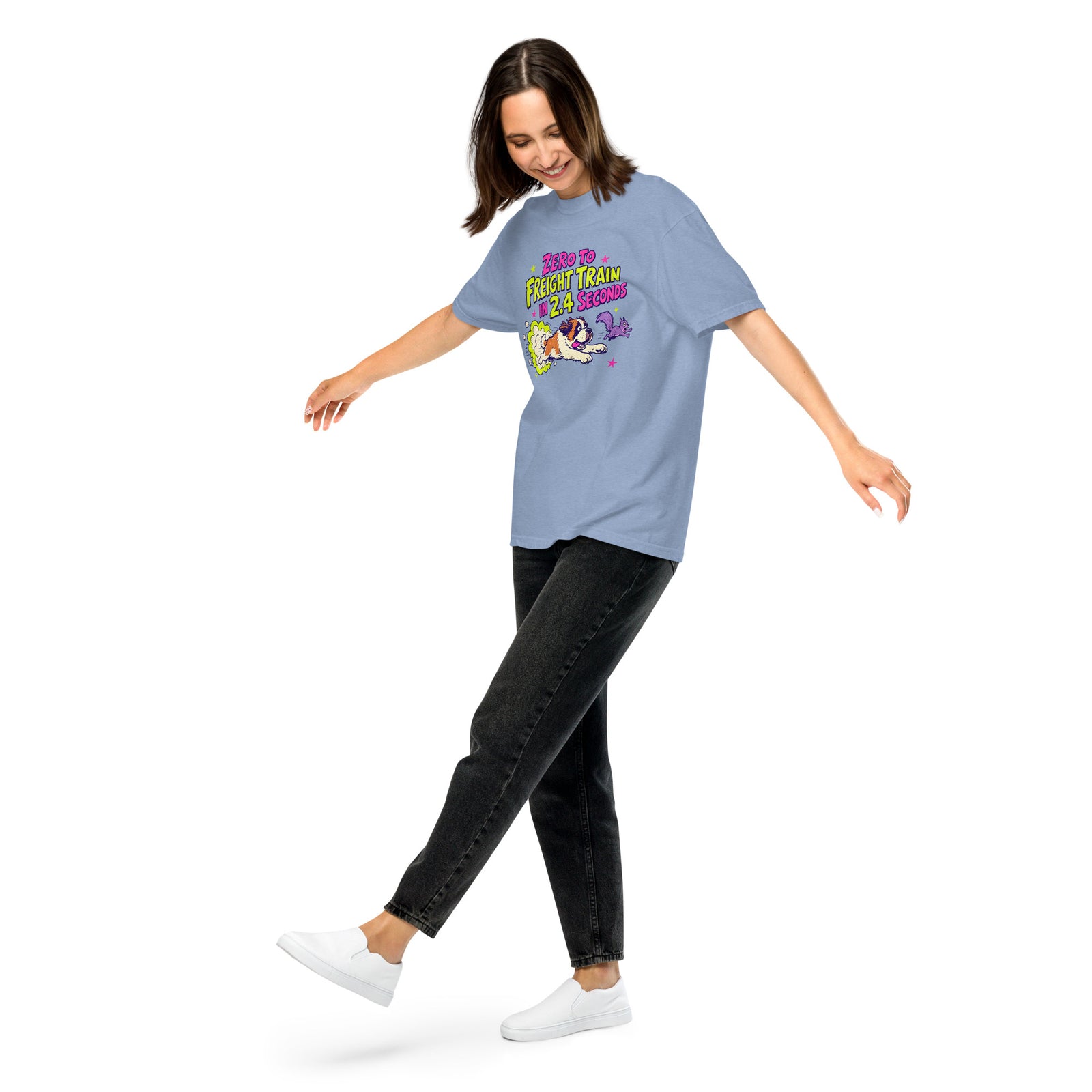 Denim Blue Comfort Colors t-shirt with a bright retro cartoon Saint Bernard chasing a squirrel and Zero to Freight Train in 2.4 Seconds lettering.