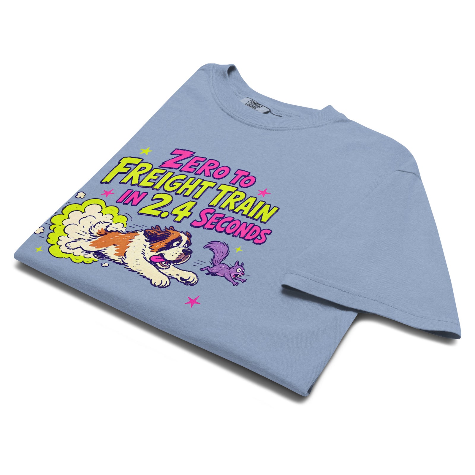 Denim Blue Comfort Colors t-shirt with a bright retro cartoon Saint Bernard chasing a squirrel and Zero to Freight Train in 2.4 Seconds lettering.
