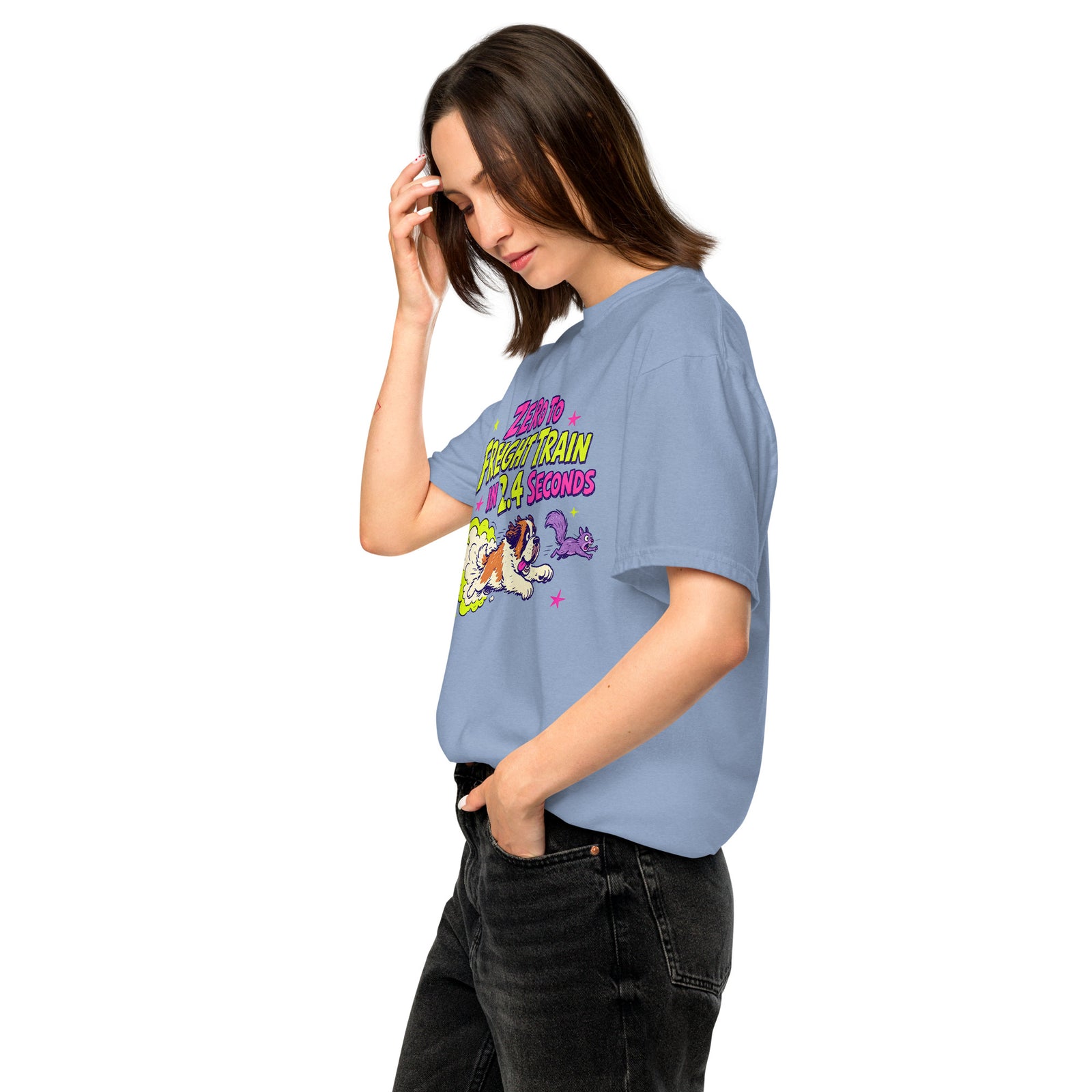Denim Blue Comfort Colors t-shirt with a bright retro cartoon Saint Bernard chasing a squirrel and Zero to Freight Train in 2.4 Seconds lettering.