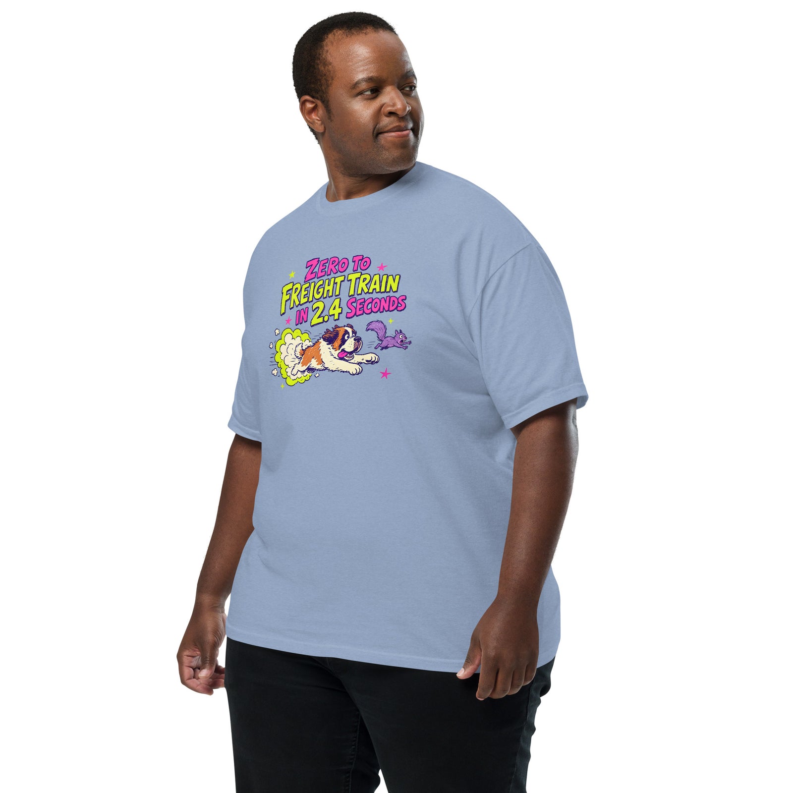 Denim Blue Comfort Colors t-shirt with a bright retro cartoon Saint Bernard chasing a squirrel and Zero to Freight Train in 2.4 Seconds lettering.