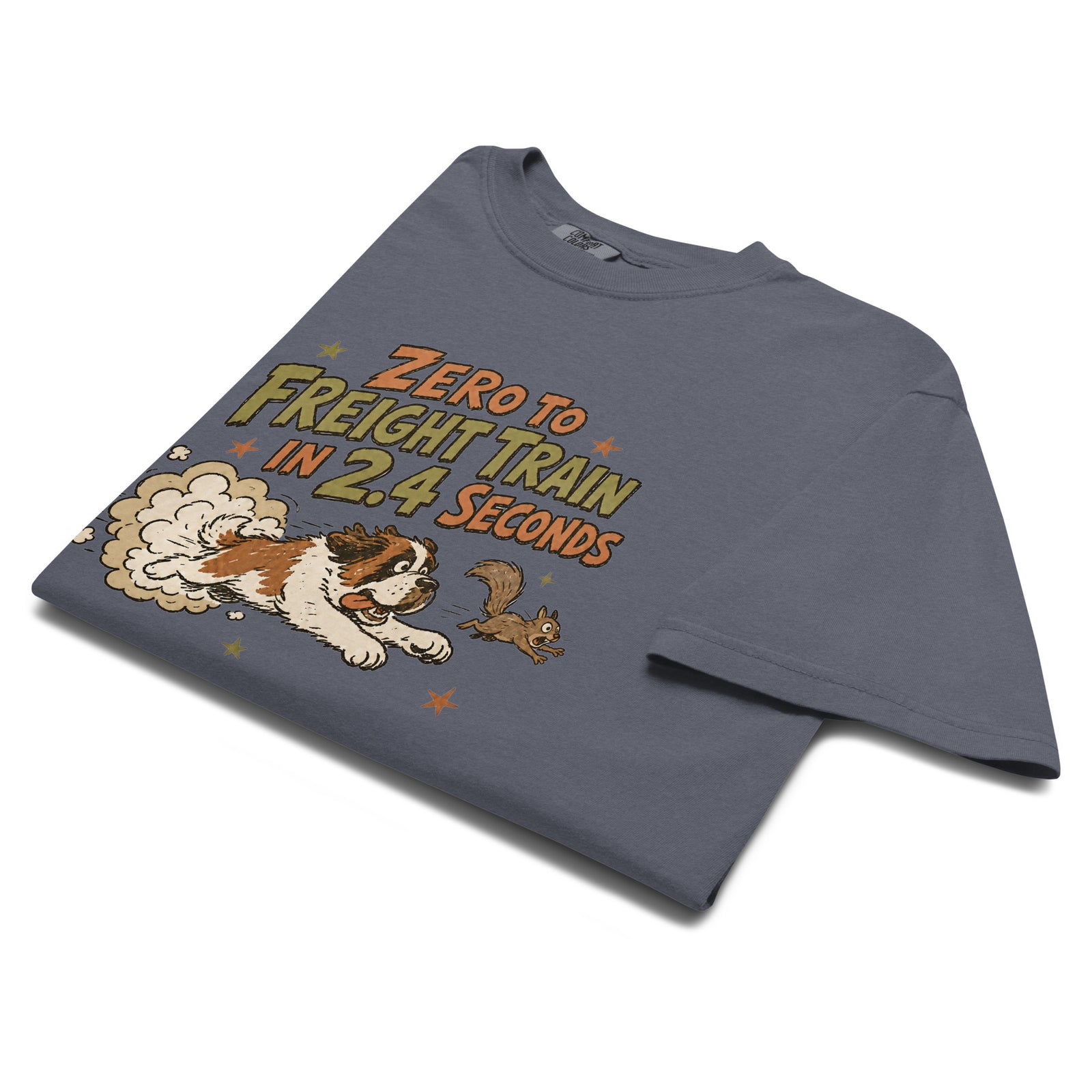 Denim blue Comfort Colors t-shirt with a retro earth tone cartoon of a funny Saint Bernard chasing a squirrel and Zero to Freight Train in 2.4 Seconds lettering.