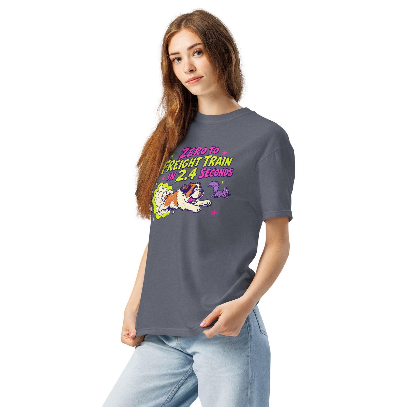Denim Comfort Colors t-shirt with a bright retro cartoon Saint Bernard chasing a squirrel and Zero to Freight Train in 2.4 Seconds lettering.