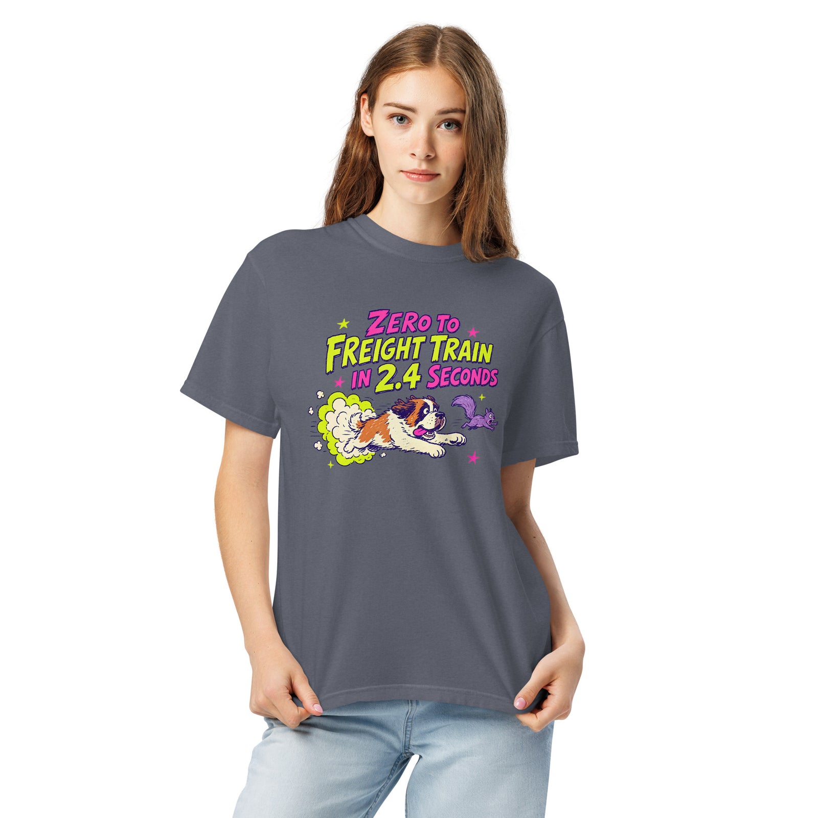 Denim Comfort Colors t-shirt with a bright retro cartoon Saint Bernard chasing a squirrel and Zero to Freight Train in 2.4 Seconds lettering.