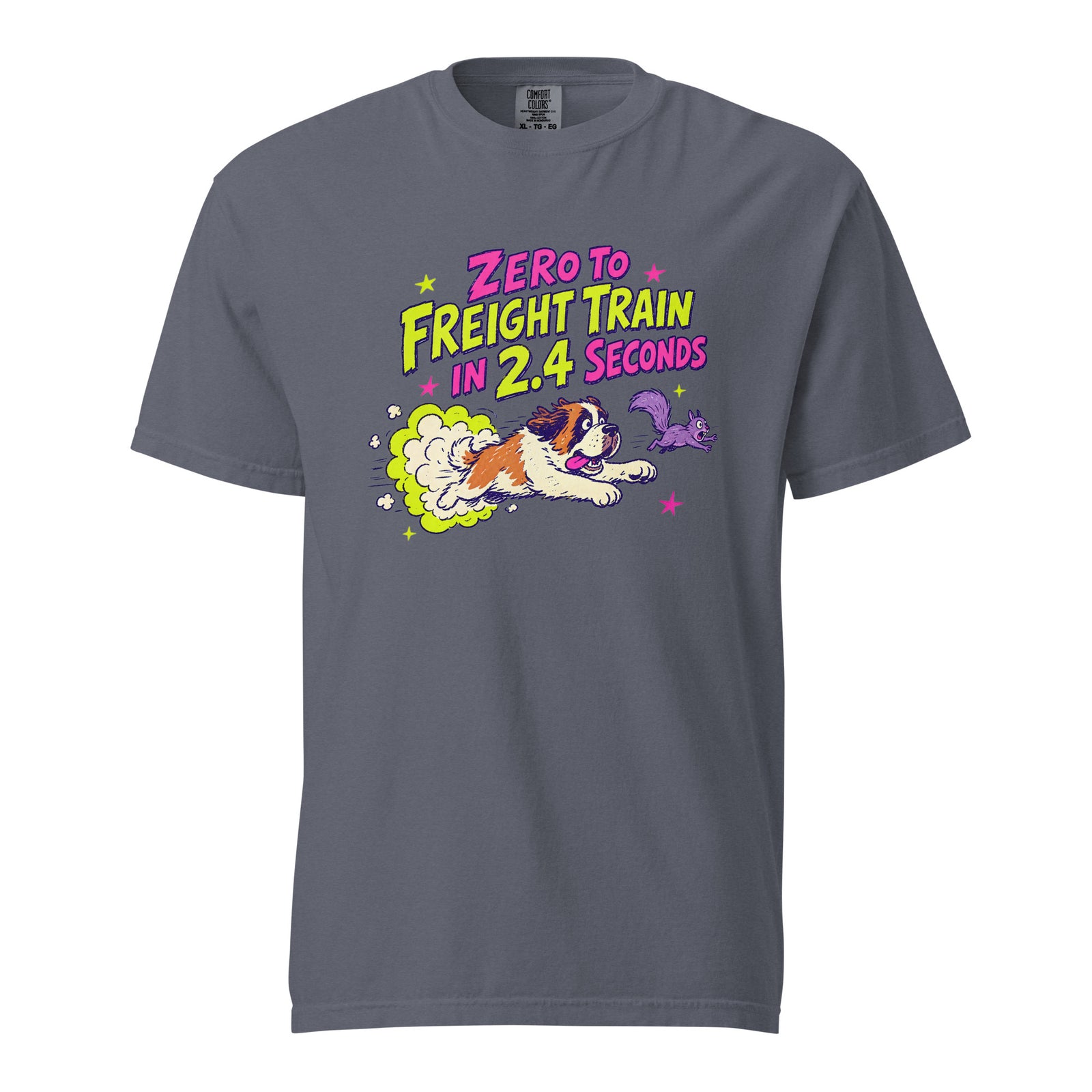 Denim Comfort Colors t-shirt with a bright retro cartoon Saint Bernard chasing a squirrel and Zero to Freight Train in 2.4 Seconds lettering.