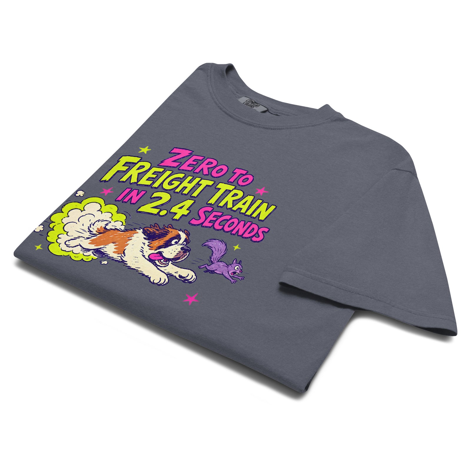 Denim Comfort Colors t-shirt with a bright retro cartoon Saint Bernard chasing a squirrel and Zero to Freight Train in 2.4 Seconds lettering.