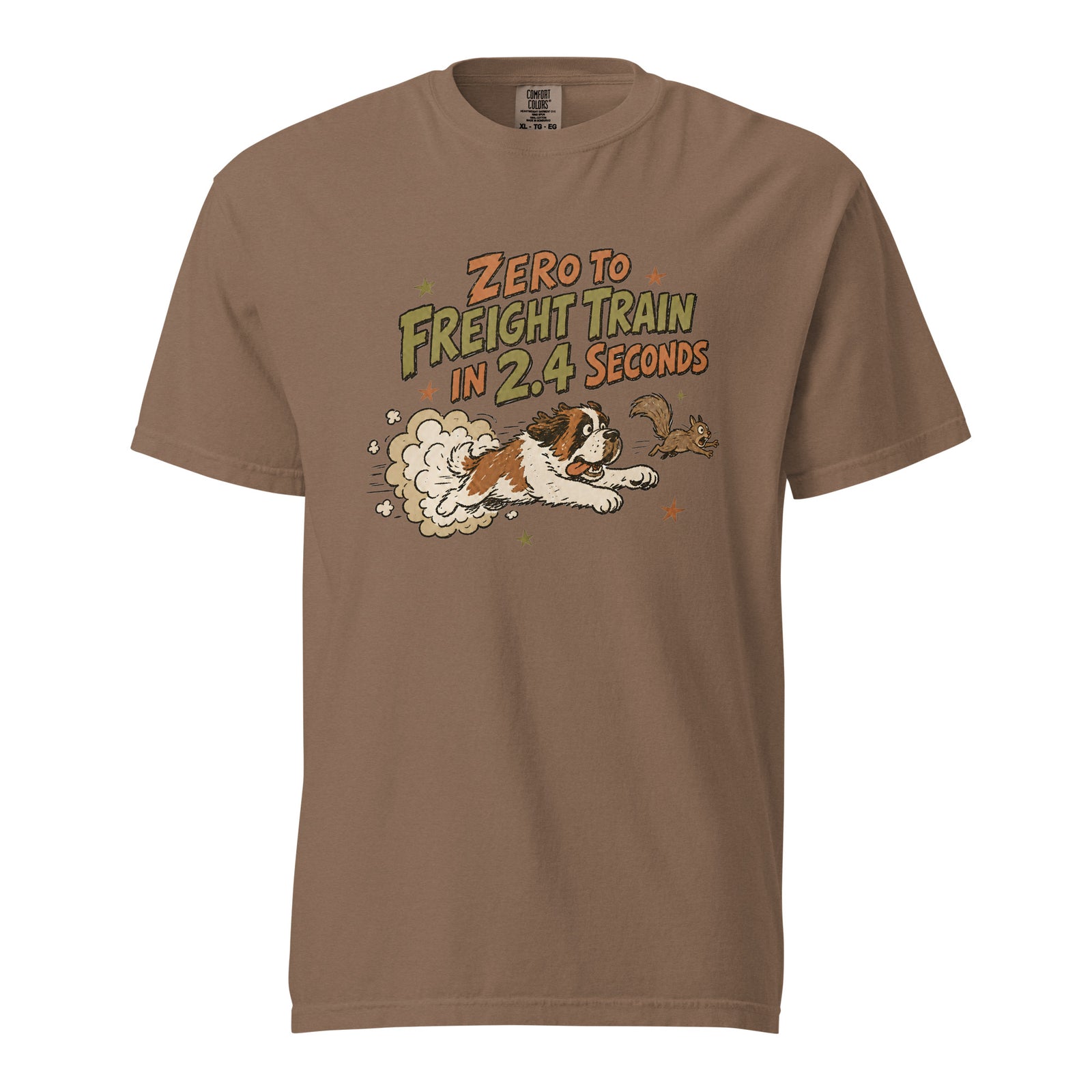 Espresso brown Comfort Colors t-shirt with a retro earth tone cartoon of a funny Saint Bernard chasing a squirrel and Zero to Freight Train in 2.4 Seconds lettering.
