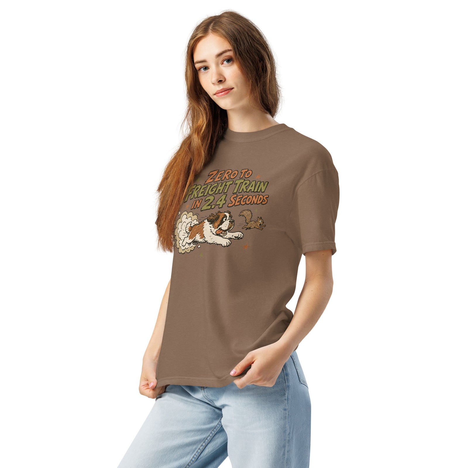 Espresso brown Comfort Colors t-shirt with a retro earth tone cartoon of a funny Saint Bernard chasing a squirrel and Zero to Freight Train in 2.4 Seconds lettering.