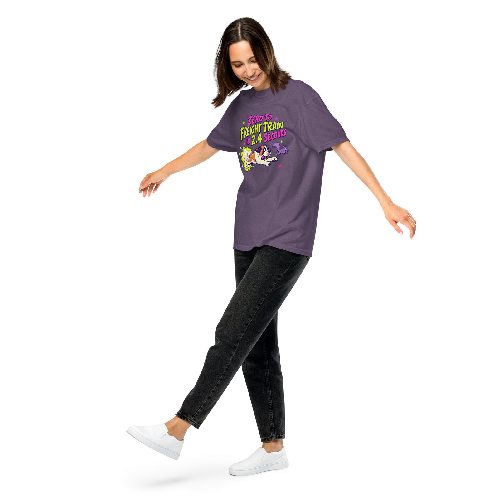 Grape purple Comfort Colors t-shirt with a bright retro cartoon Saint Bernard chasing a squirrel and Zero to Freight Train in 2.4 Seconds lettering.