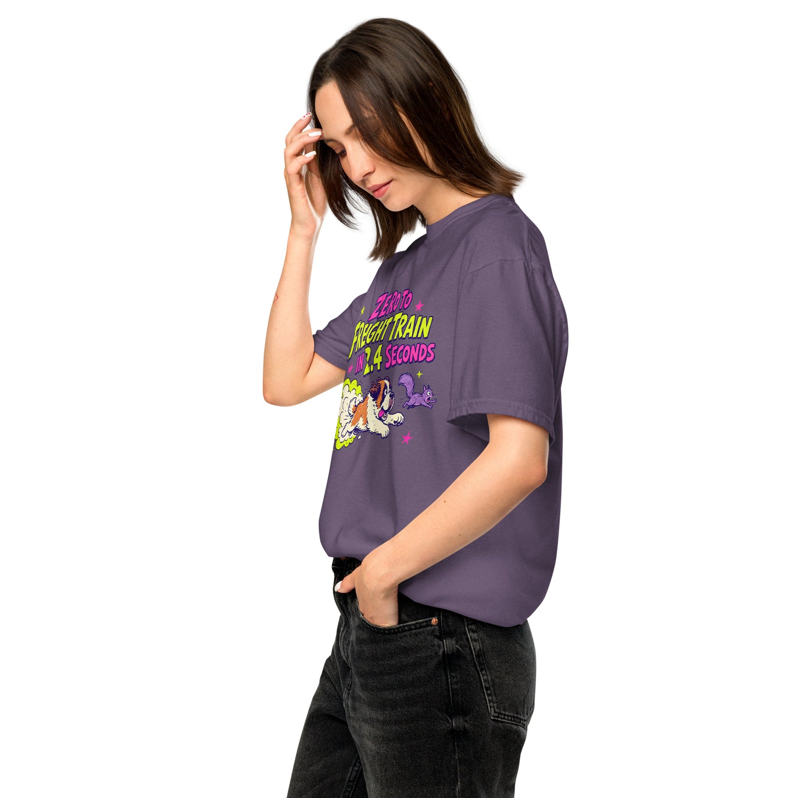 Grape purple Comfort Colors t-shirt with a bright retro cartoon Saint Bernard chasing a squirrel and Zero to Freight Train in 2.4 Seconds lettering.