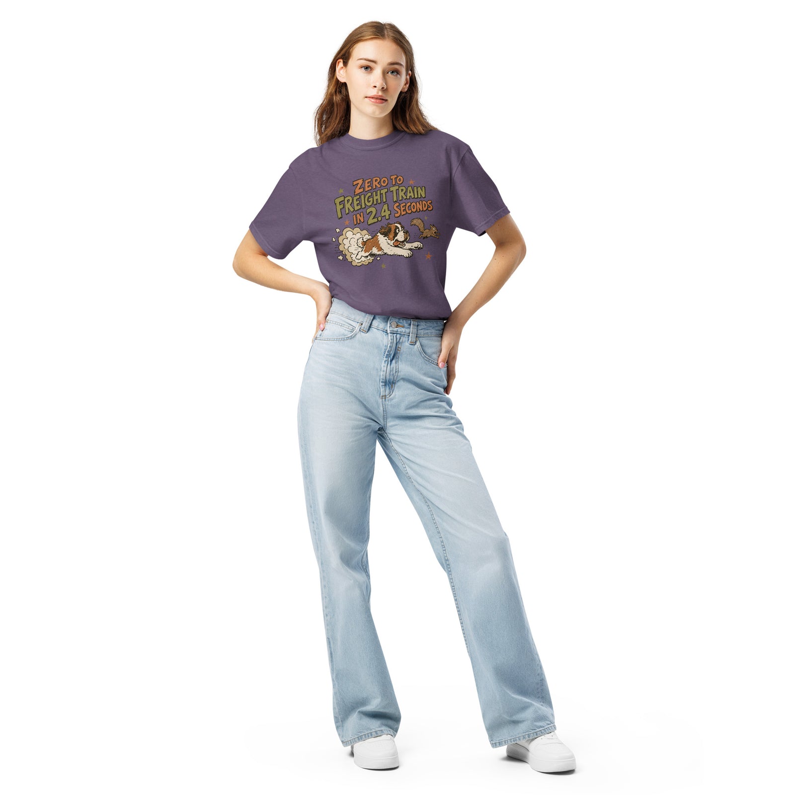 Grape purple Comfort Colors t-shirt with a retro earth tone cartoon of a funny Saint Bernard chasing a squirrel and Zero to Freight Train in 2.4 Seconds lettering.
