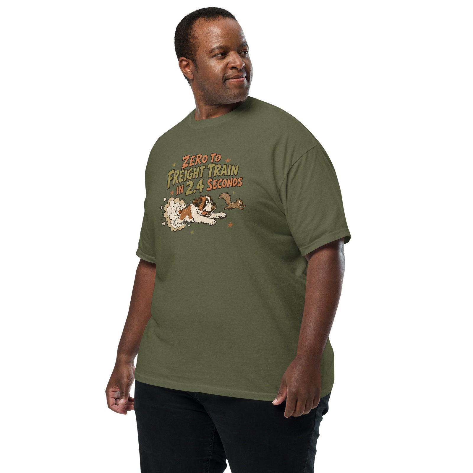 Hemp green Comfort Colors t-shirt with a retro earth tone cartoon of a funny Saint Bernard chasing a squirrel and Zero to Freight Train in 2.4 Seconds lettering.