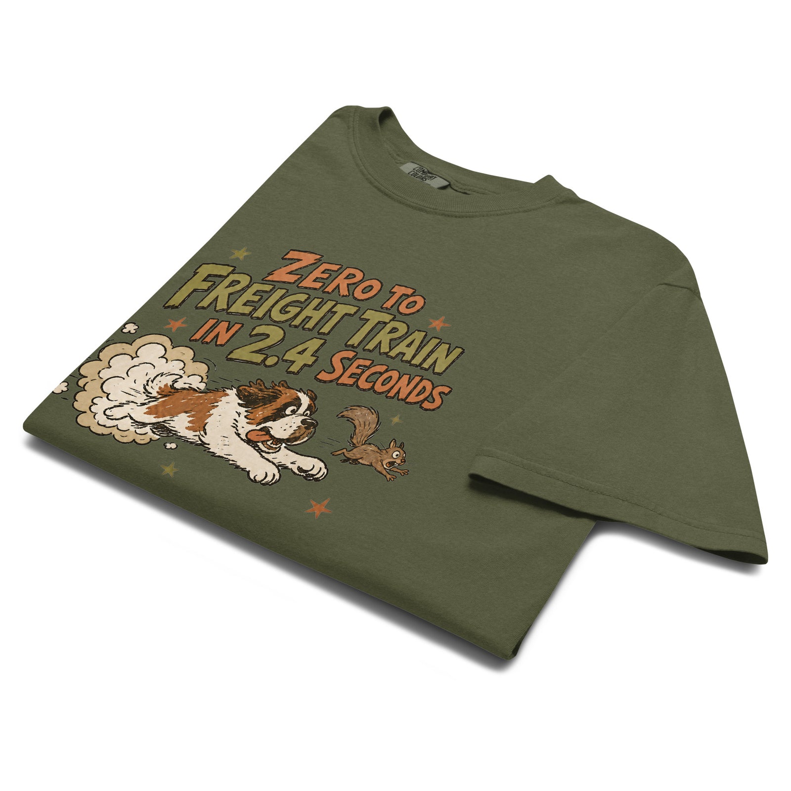 Hemp green Comfort Colors t-shirt with a retro earth tone cartoon of a funny Saint Bernard chasing a squirrel and Zero to Freight Train in 2.4 Seconds lettering.