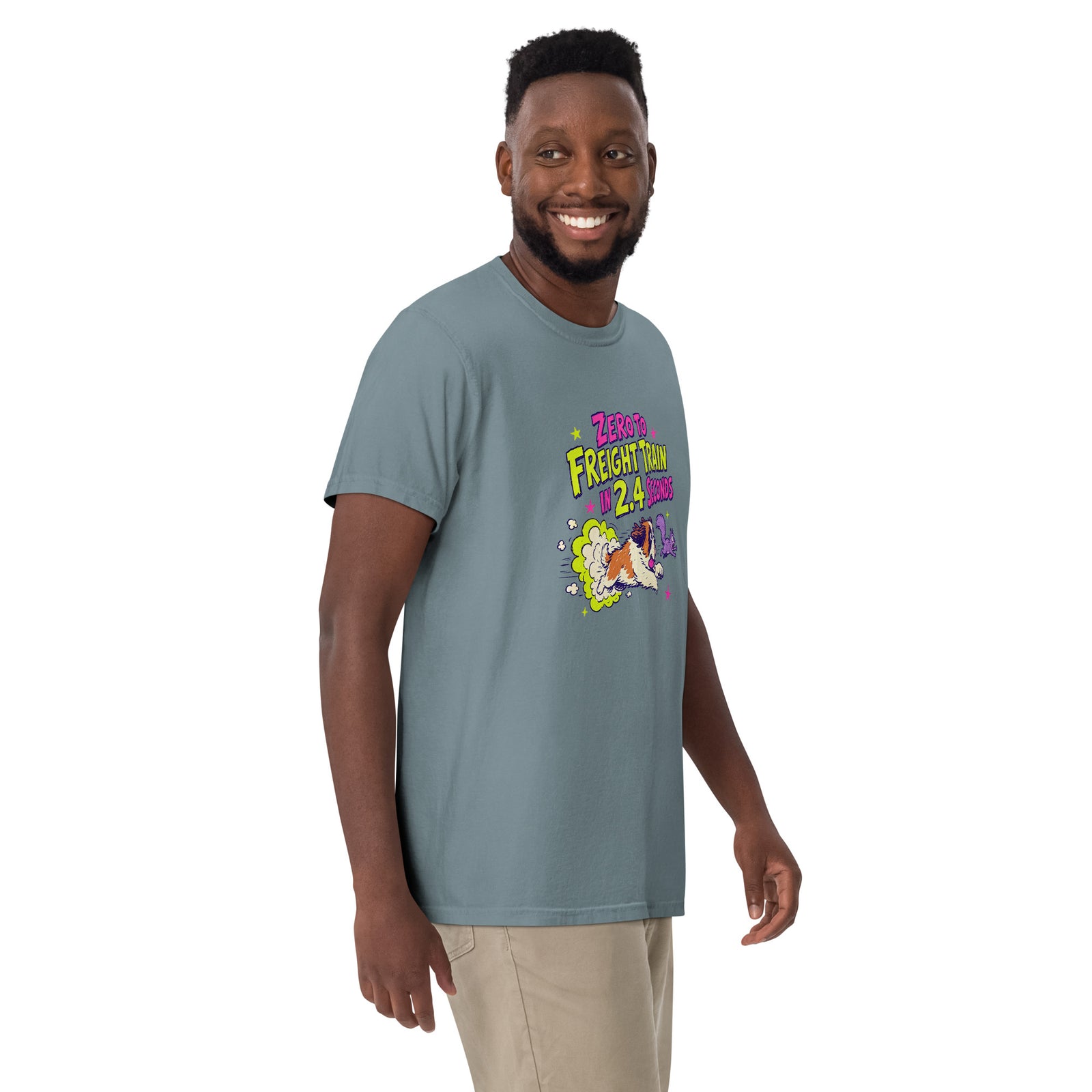 Ice Blue Comfort Colors t-shirt with a bright retro cartoon Saint Bernard chasing a squirrel and Zero to Freight Train in 2.4 Seconds lettering.