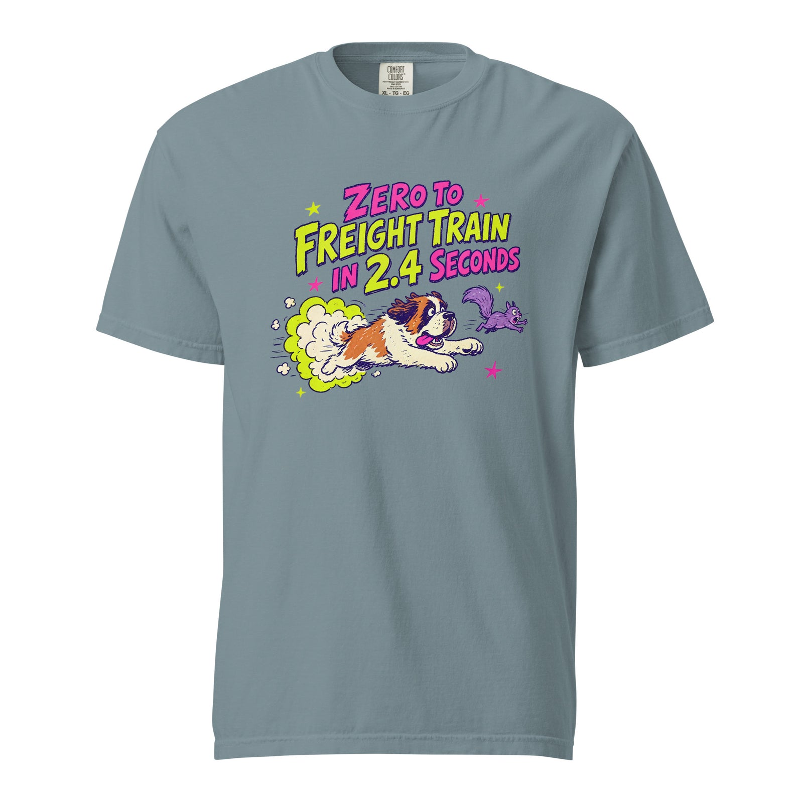 Ice Blue Comfort Colors t-shirt with a bright retro cartoon Saint Bernard chasing a squirrel and Zero to Freight Train in 2.4 Seconds lettering.