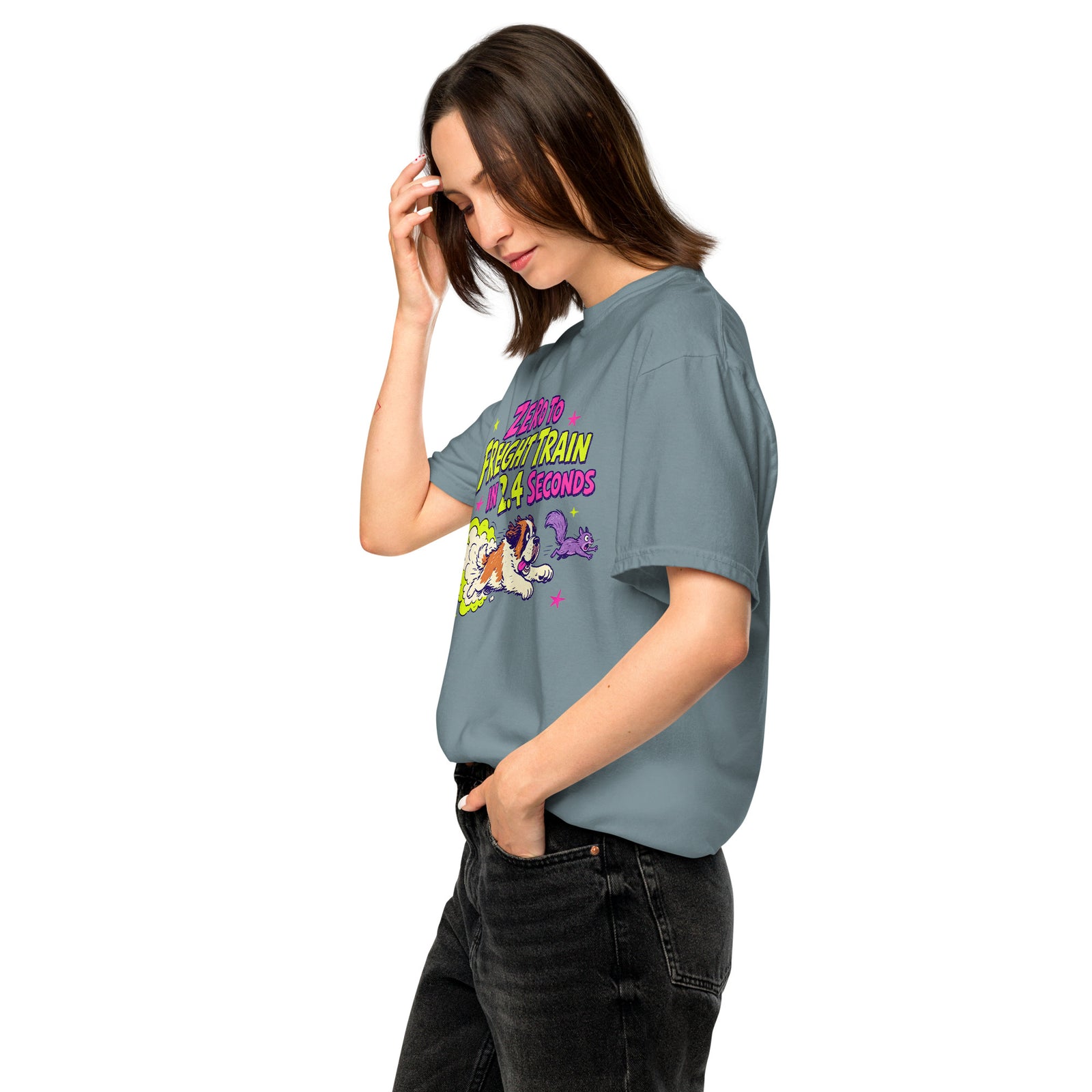 Ice Blue Comfort Colors t-shirt with a bright retro cartoon Saint Bernard chasing a squirrel and Zero to Freight Train in 2.4 Seconds lettering.