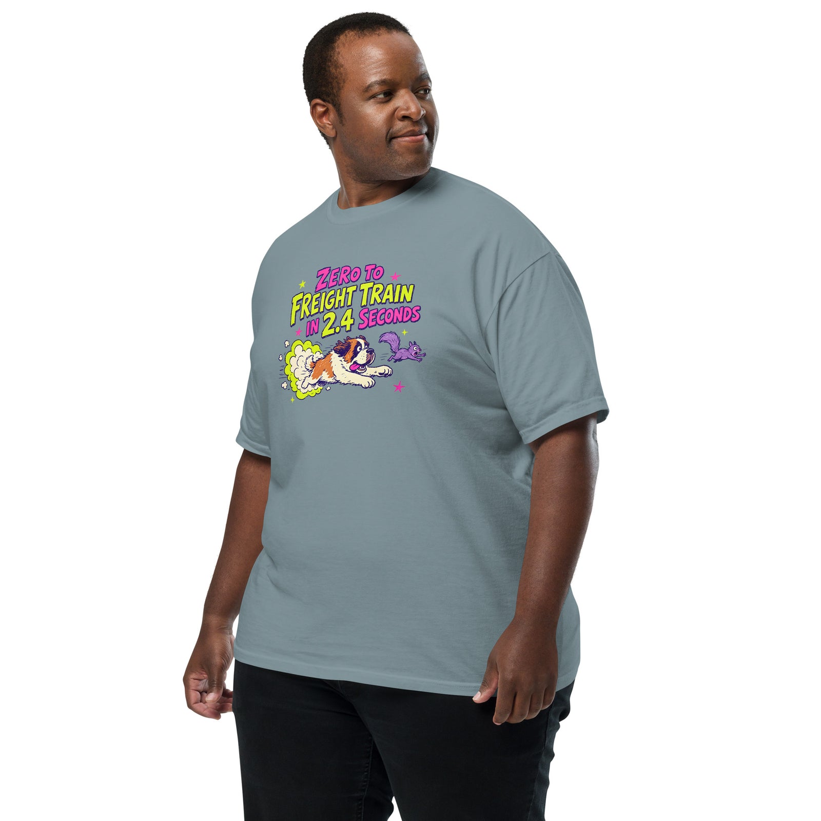 Ice Blue Comfort Colors t-shirt with a bright retro cartoon Saint Bernard chasing a squirrel and Zero to Freight Train in 2.4 Seconds lettering.