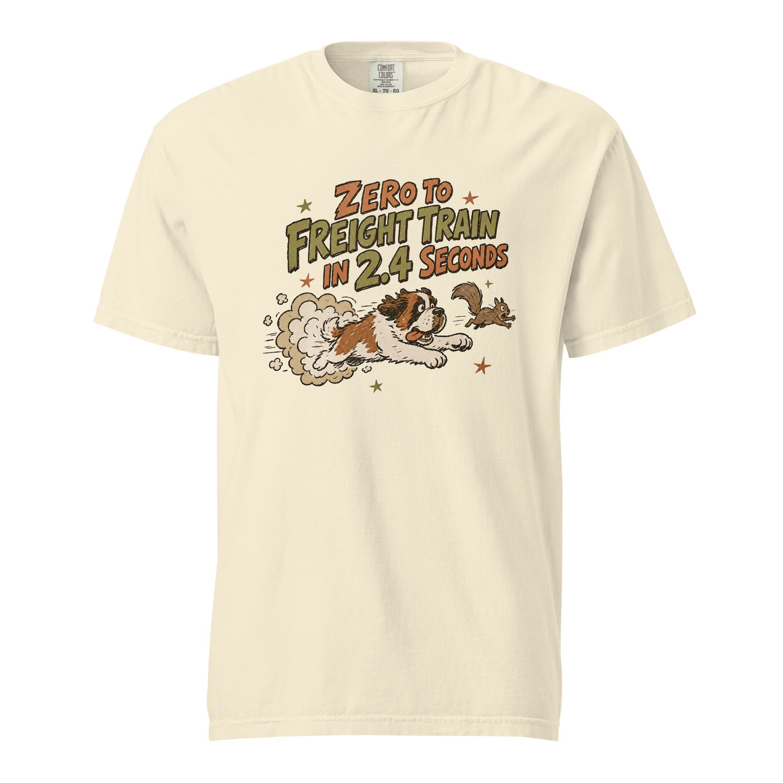 Ivory Comfort Colors t-shirt with a retro earth tone cartoon of a funny Saint Bernard chasing a squirrel and Zero to Freight Train in 2.4 Seconds lettering.