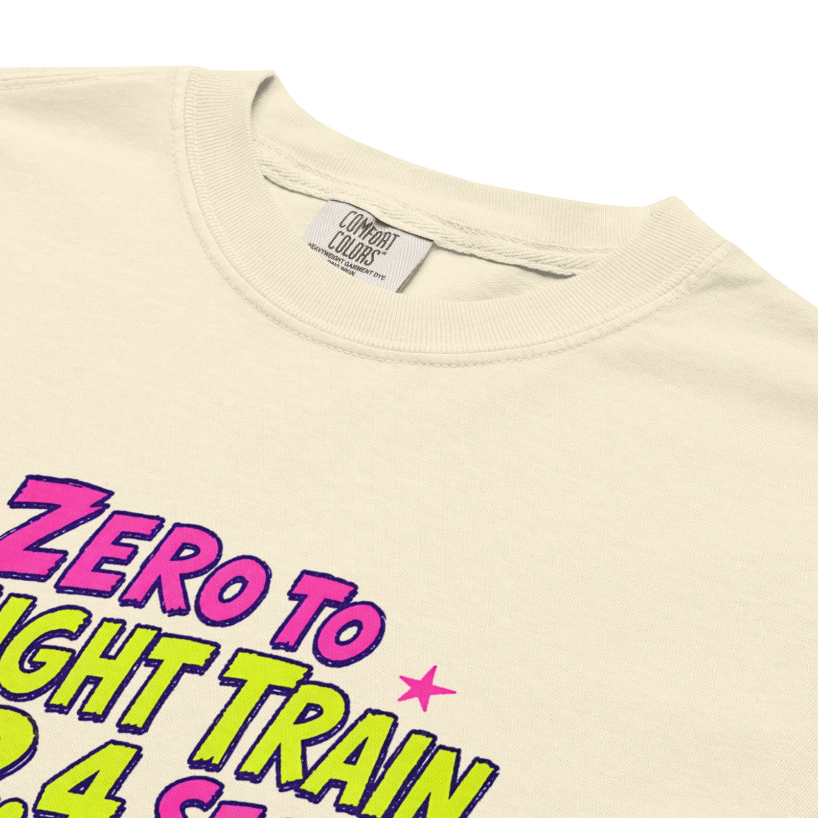 Ivory Comfort Colors t-shirt with a bright retro cartoon Saint Bernard chasing a squirrel and Zero to Freight Train in 2.4 Seconds lettering.