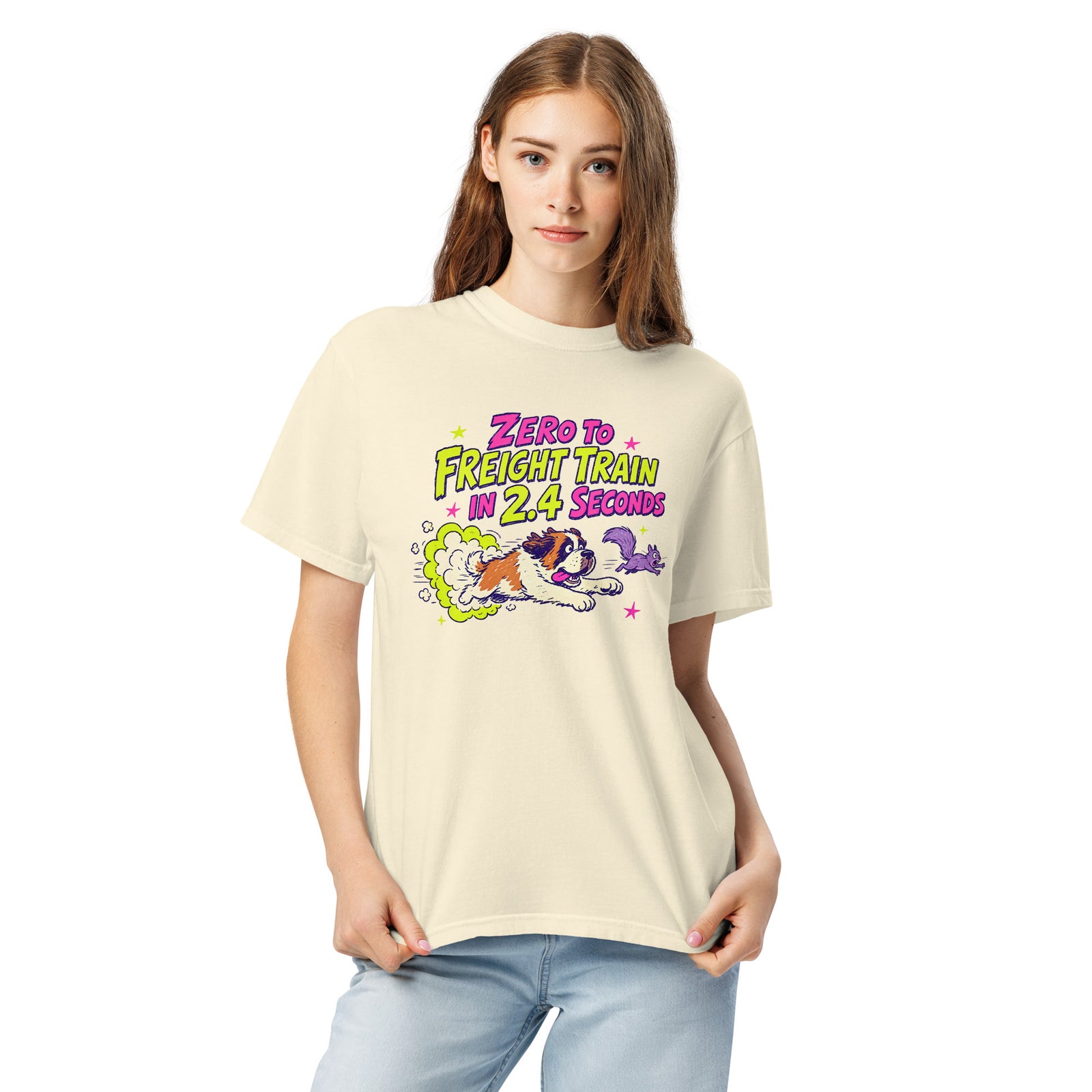 Ivory Comfort Colors t-shirt with a bright retro cartoon Saint Bernard chasing a squirrel and Zero to Freight Train in 2.4 Seconds lettering.