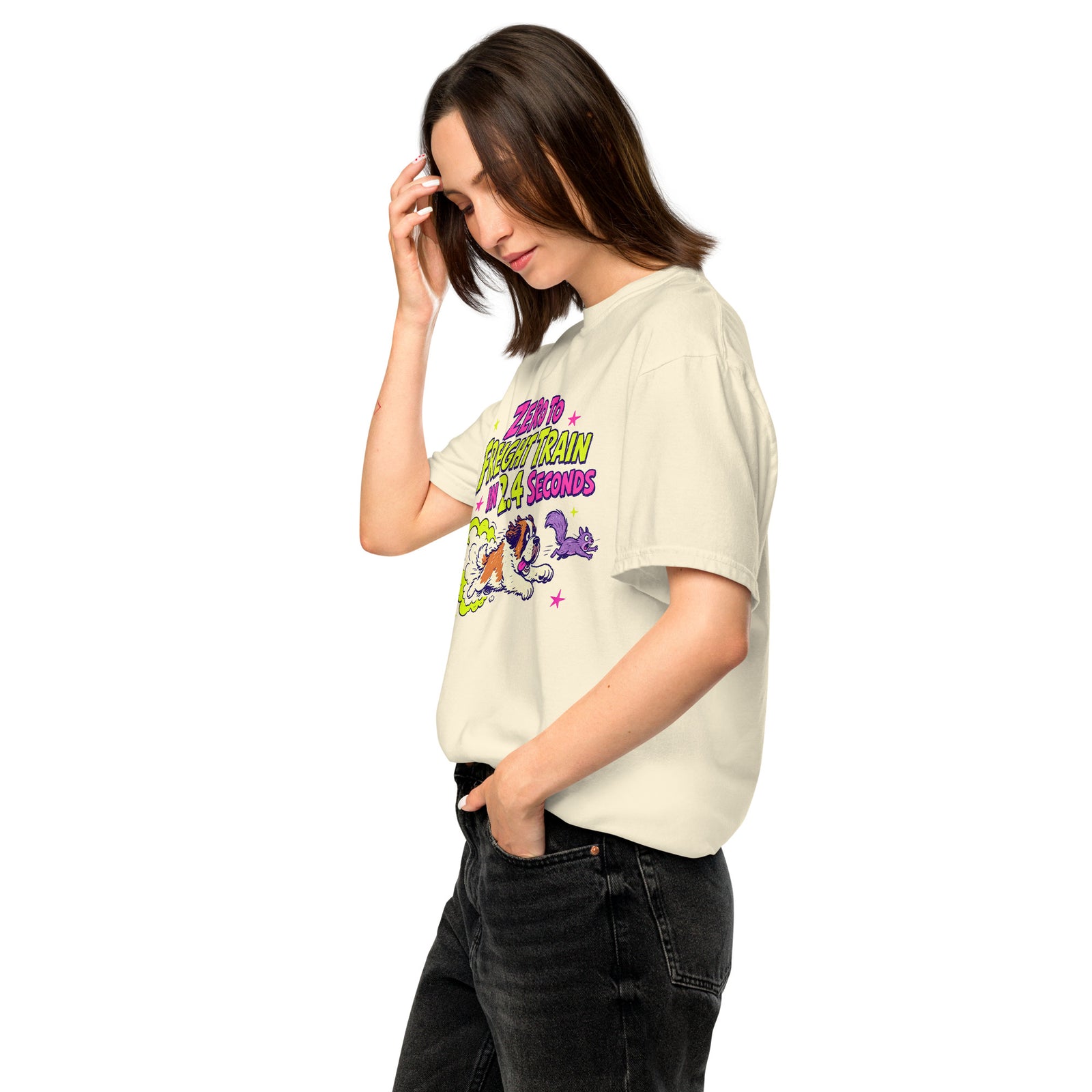 Ivory Comfort Colors t-shirt with a bright retro cartoon Saint Bernard chasing a squirrel and Zero to Freight Train in 2.4 Seconds lettering.