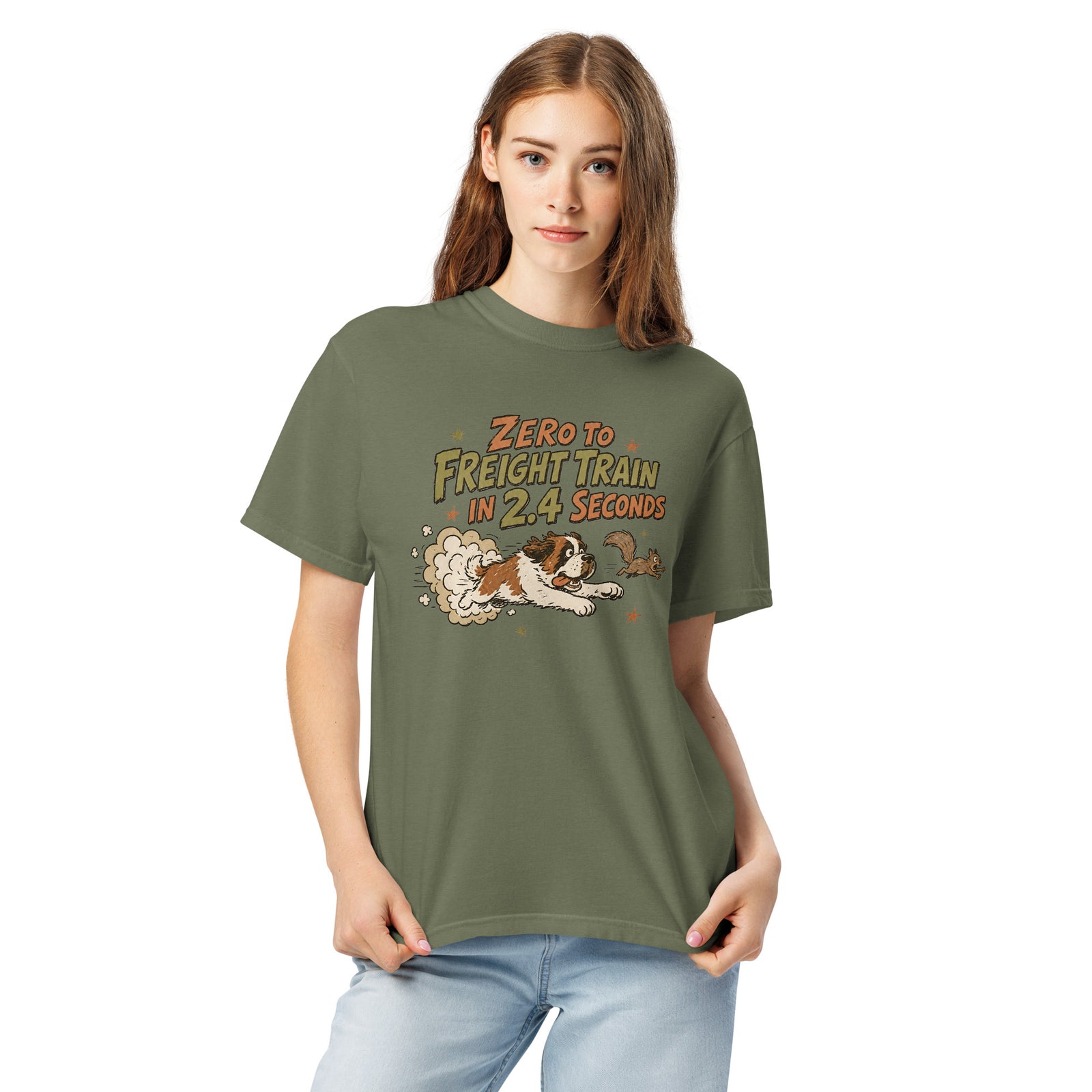 Moss green Comfort Colors t-shirt with a retro earth tone cartoon of a funny Saint Bernard chasing a squirrel and Zero to Freight Train in 2.4 Seconds lettering.