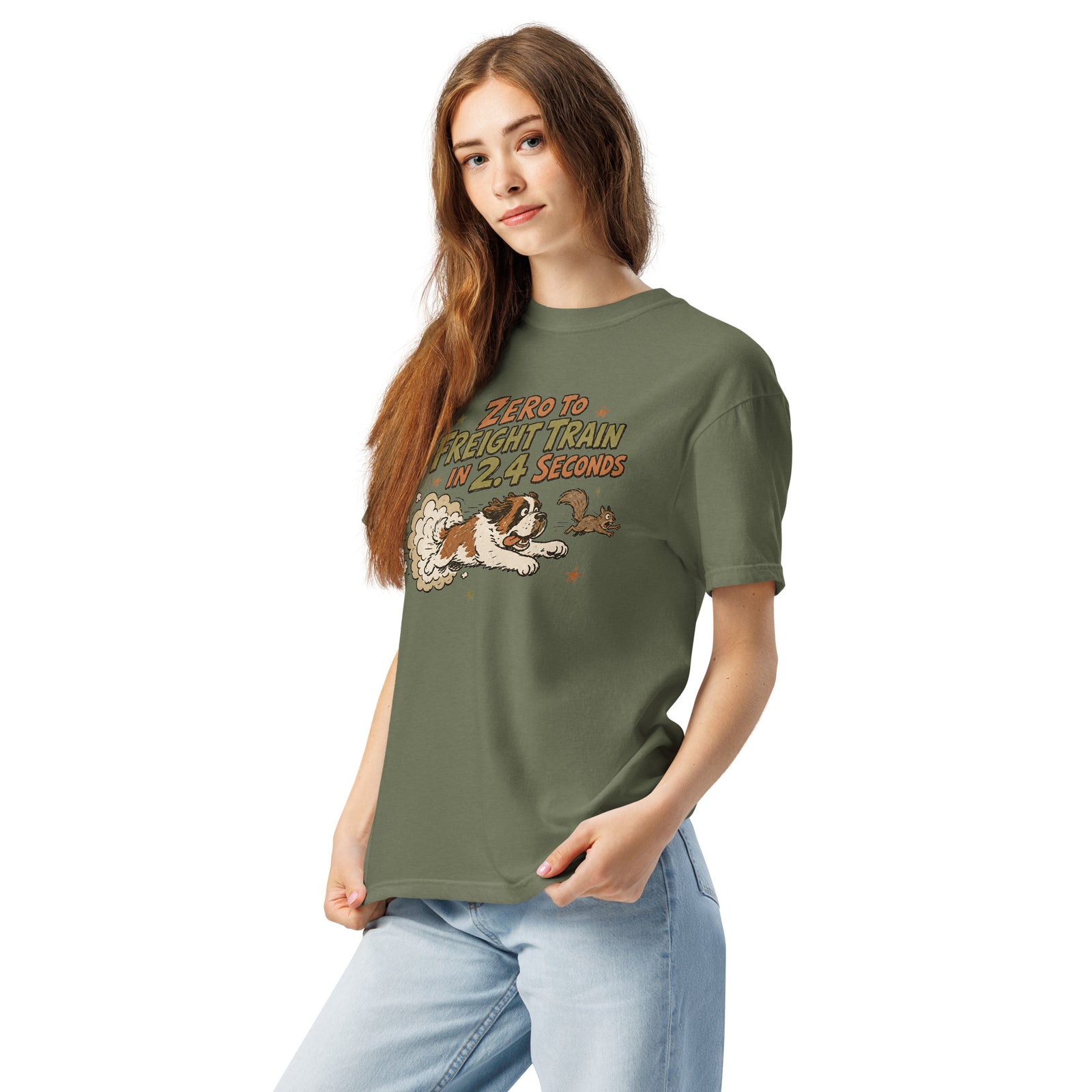 Moss green Comfort Colors t-shirt with a retro earth tone cartoon of a funny Saint Bernard chasing a squirrel and Zero to Freight Train in 2.4 Seconds lettering.