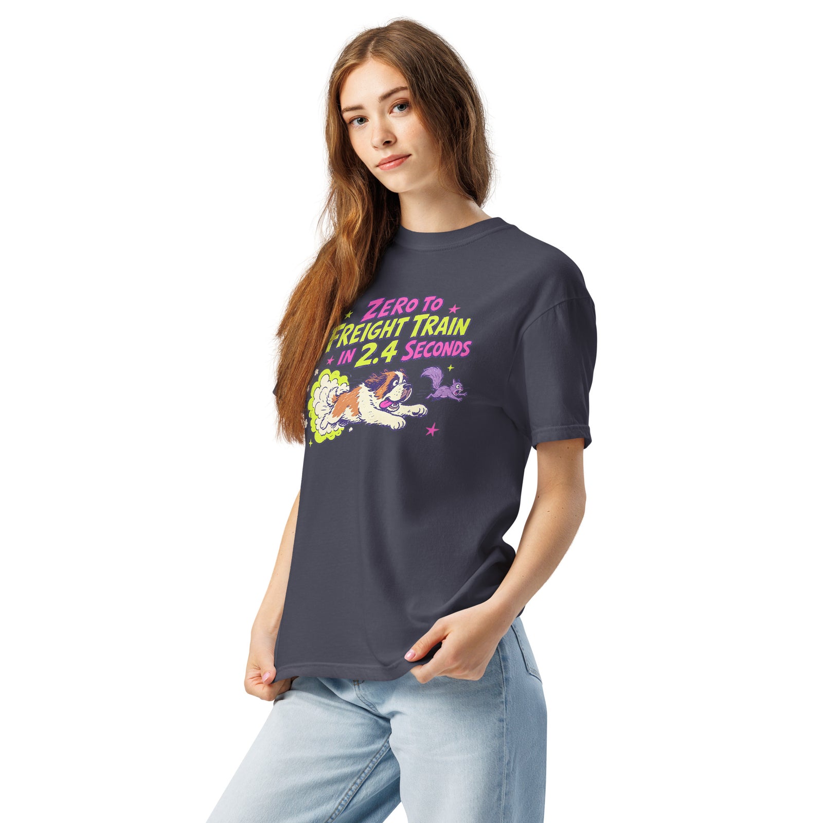 Navy blue Comfort Colors t-shirt with a bright retro cartoon Saint Bernard chasing a squirrel and Zero to Freight Train in 2.4 Seconds lettering.