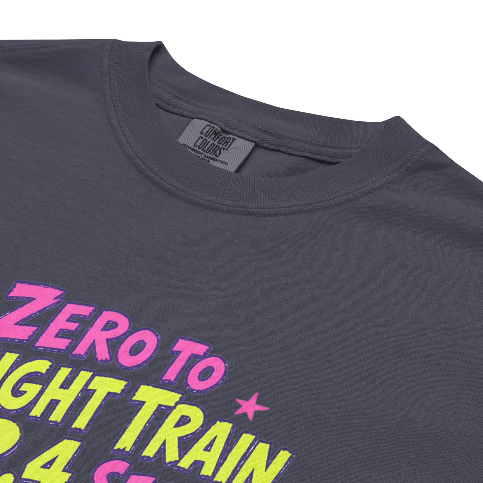 Navy blue Comfort Colors t-shirt with a bright retro cartoon Saint Bernard chasing a squirrel and Zero to Freight Train in 2.4 Seconds lettering.