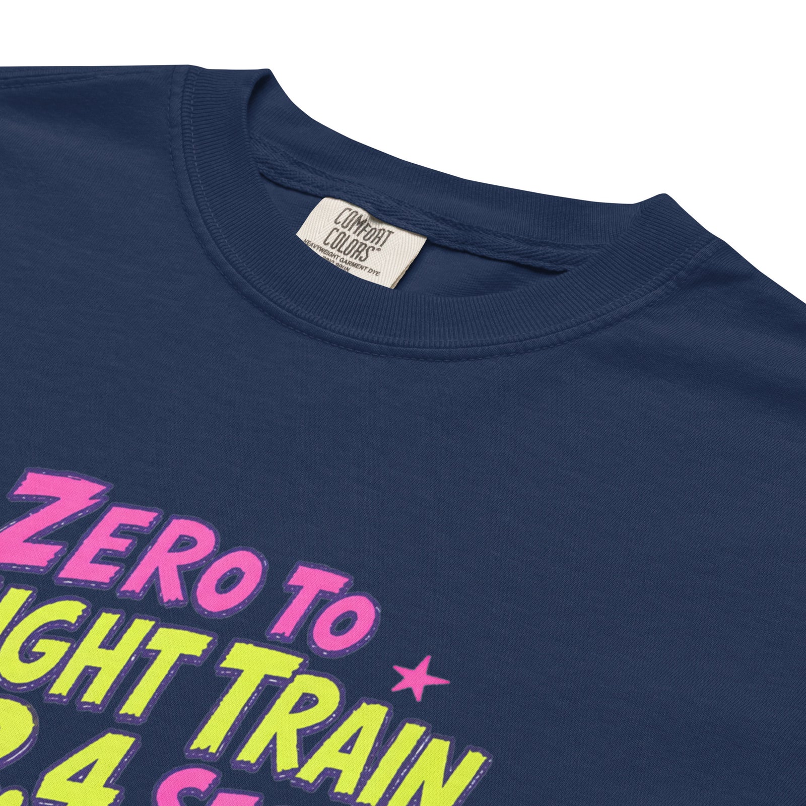 Navy Comfort Colors t-shirt with a bright retro cartoon Saint Bernard chasing a squirrel and Zero to Freight Train in 2.4 Seconds lettering.