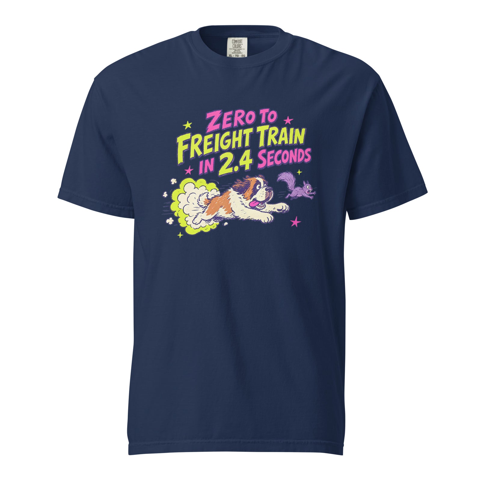 Navy Comfort Colors t-shirt with a bright retro cartoon Saint Bernard chasing a squirrel and Zero to Freight Train in 2.4 Seconds lettering.