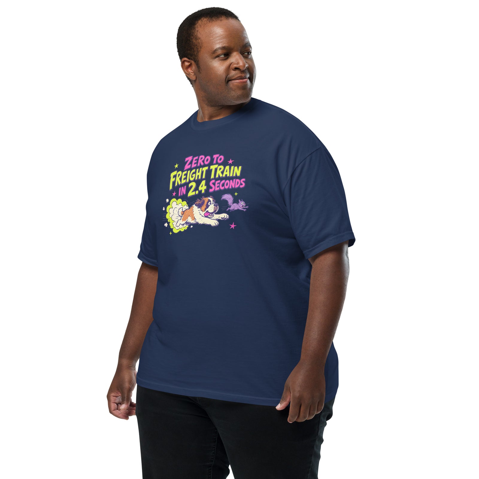 Navy Comfort Colors t-shirt with a bright retro cartoon Saint Bernard chasing a squirrel and Zero to Freight Train in 2.4 Seconds lettering.