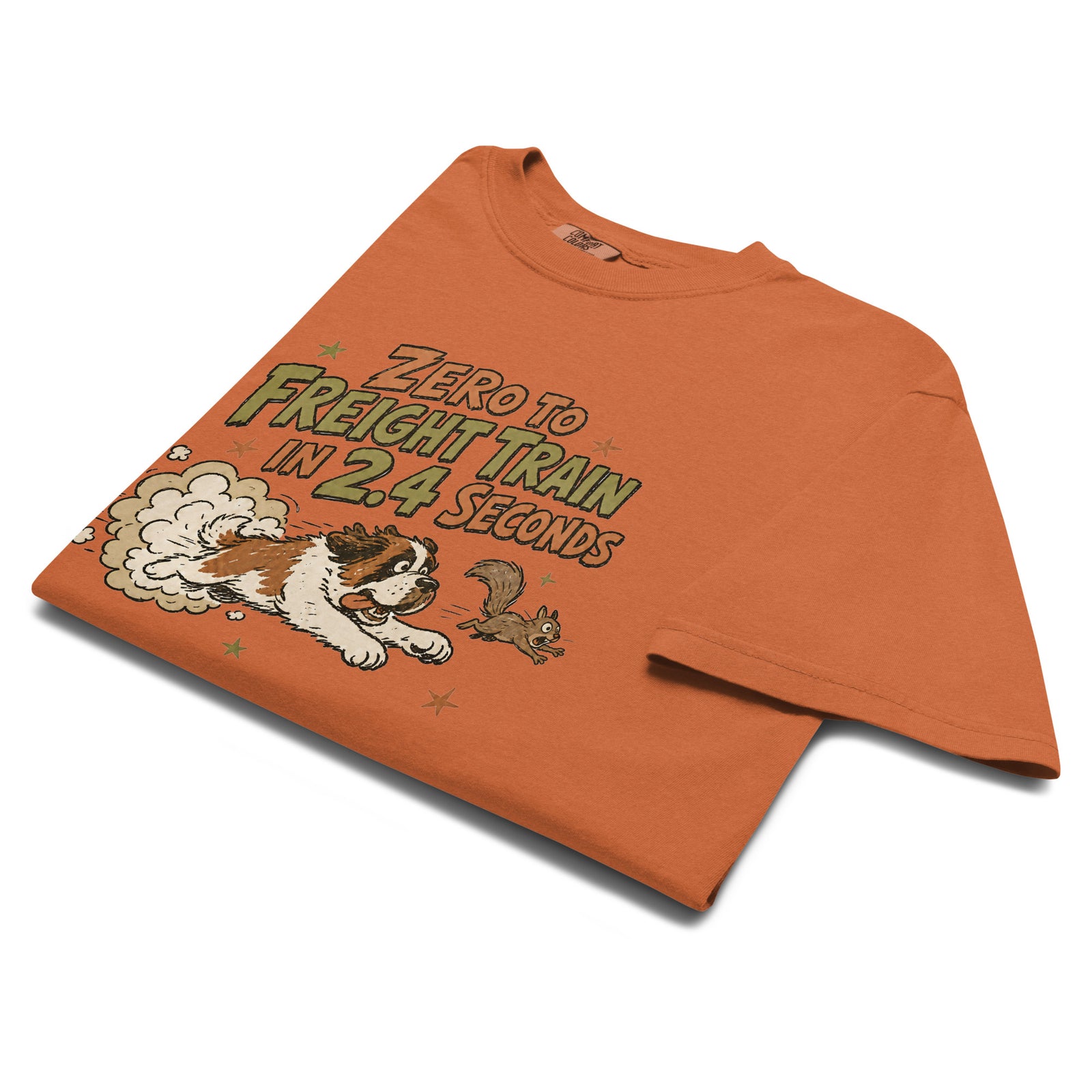 Orange yam Comfort Colors t-shirt with a retro earth tone cartoon of a funny Saint Bernard chasing a squirrel and Zero to Freight Train in 2.4 Seconds lettering.