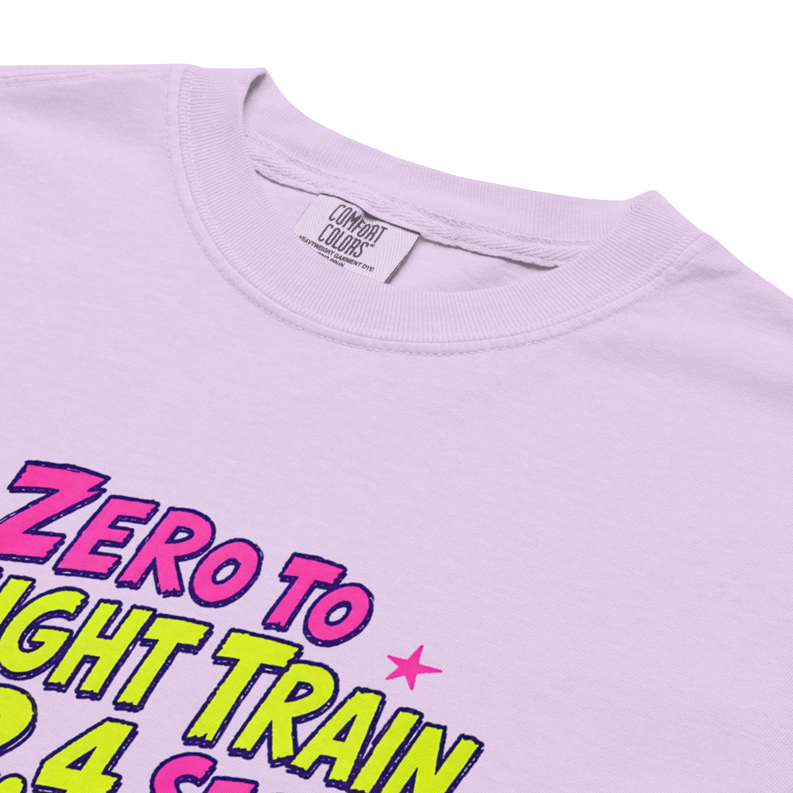 Orchid purple Comfort Colors t-shirt with a bright retro cartoon Saint Bernard chasing a squirrel and Zero to Freight Train in 2.4 Seconds lettering.