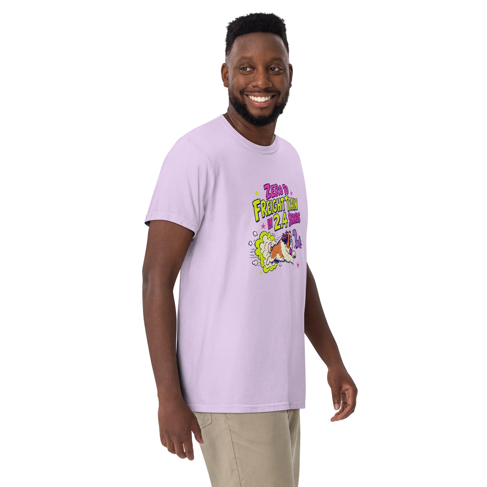 Orchid purple Comfort Colors t-shirt with a bright retro cartoon Saint Bernard chasing a squirrel and Zero to Freight Train in 2.4 Seconds lettering.